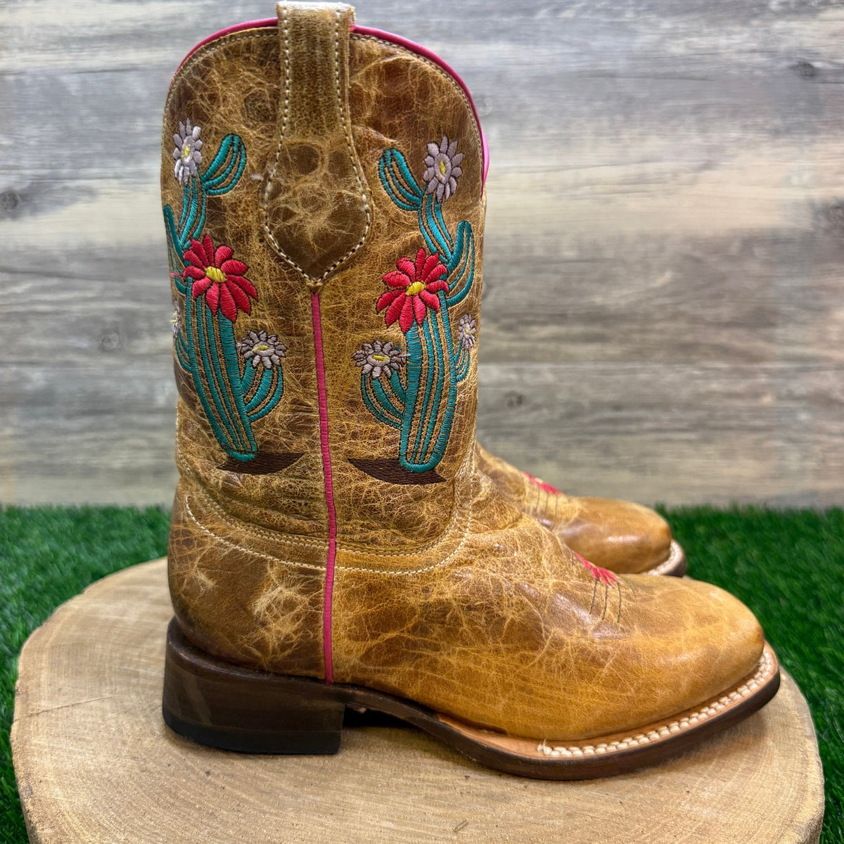 Roper Youth - Size 2.5 - Tan Cactus/Floral Square Toe Cowboy Boots Style 1482
