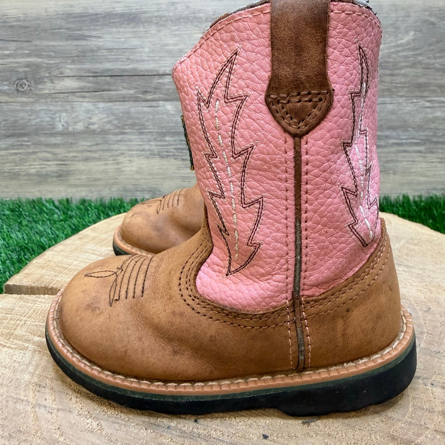 Dan Post Youth - Size 7.5M - Tan / Pink John Deere Cowboy Boots JD1185