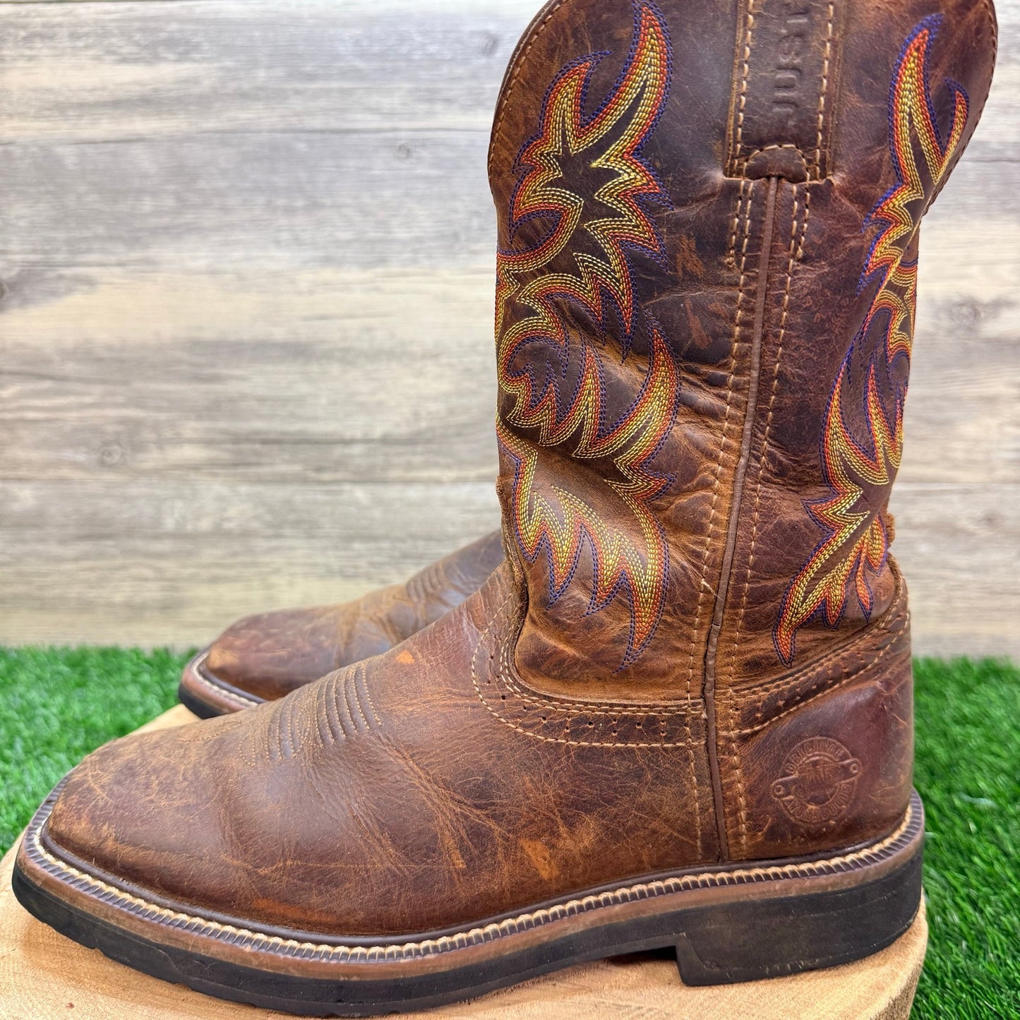 Justin Men - Size 8.5D - Driller Brown Square Toe Work Cowboy Boots WK4681