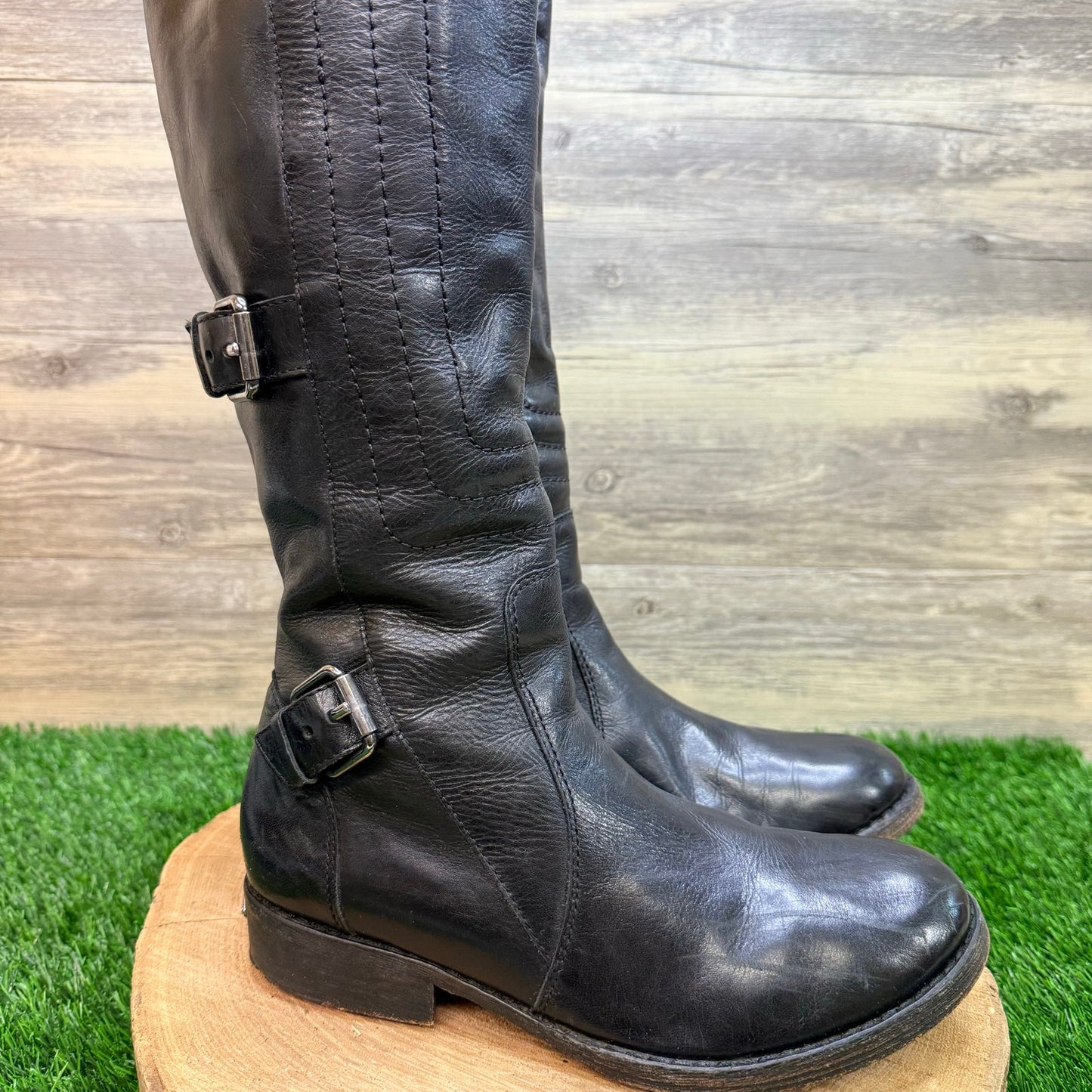 Juicy Couture Women - Size 8.5M - Black Tall Belted Zipper Moto Boots