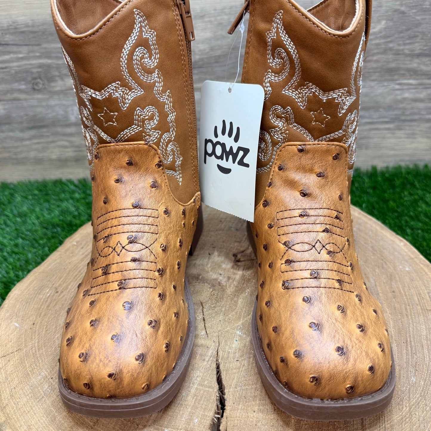 NEW Pawz Youth - Size 3 - Brown Faux Ostrich Western Cowboy Boots