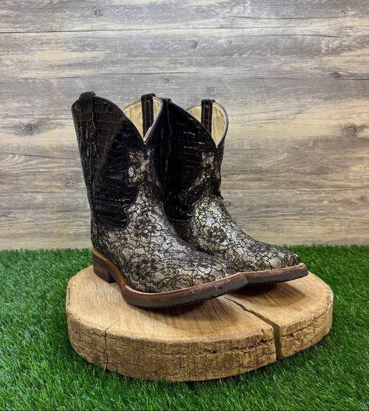 Ferrini Women - Size 9B - Black Glitter Lace Square Toe Cowboy Boots Flower