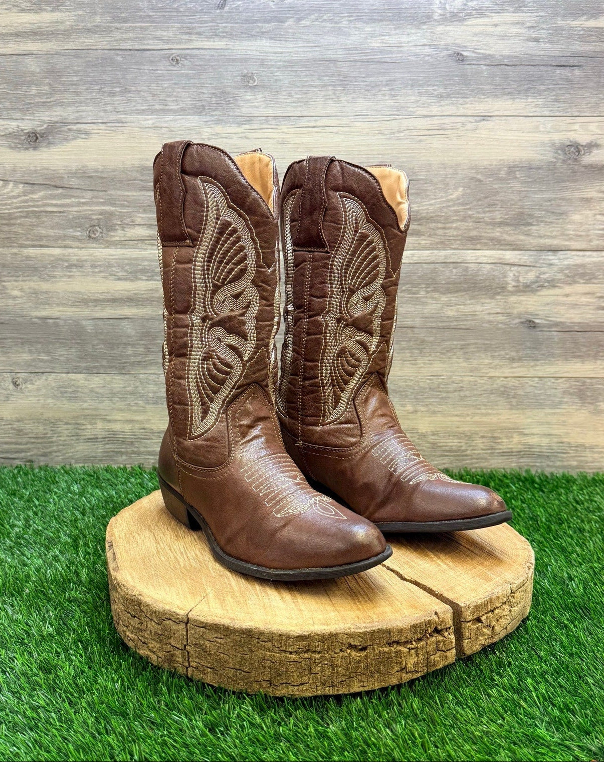 Flex West Women - Size 6.5M - Brown Soft Faux Leather Cowboy Boots Reba