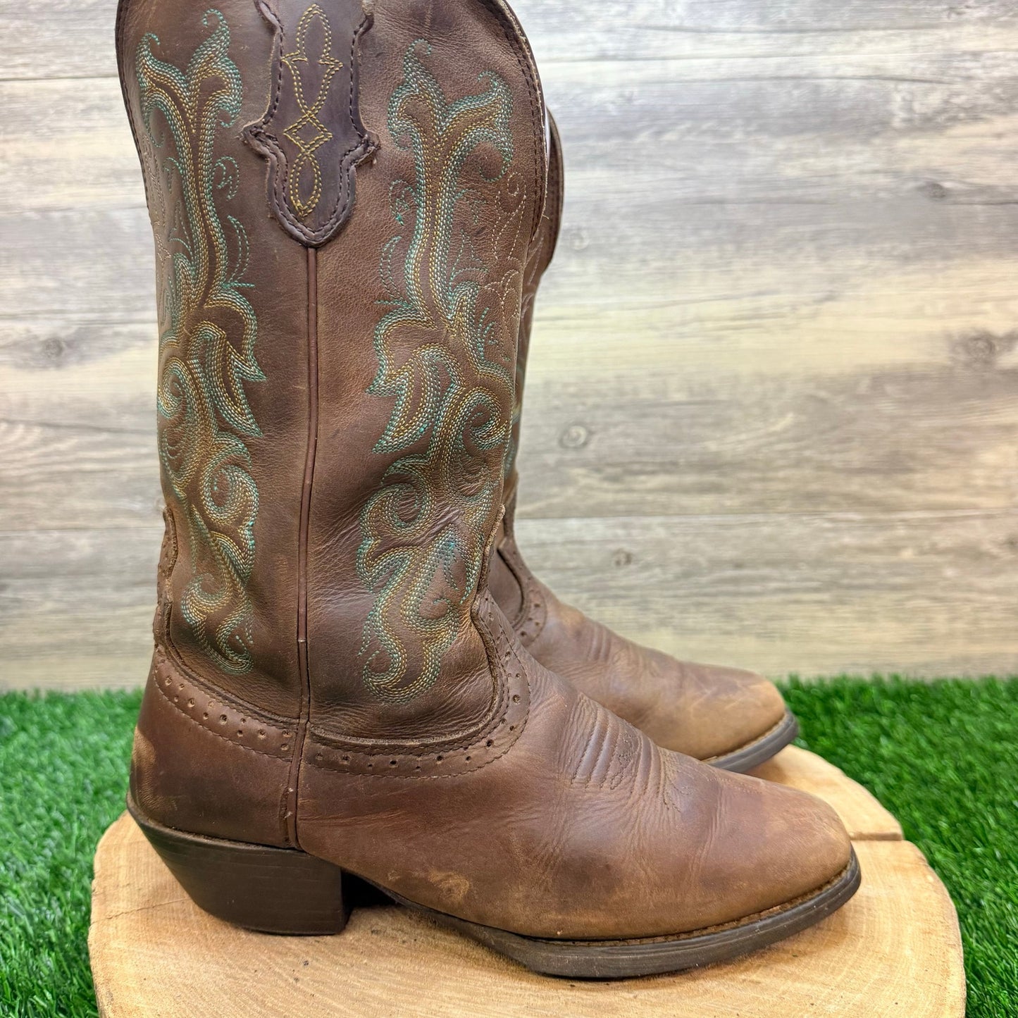 Justin Women - Size 6.5B - Brown / Green Stampede Square Cowboy Boots L2552
