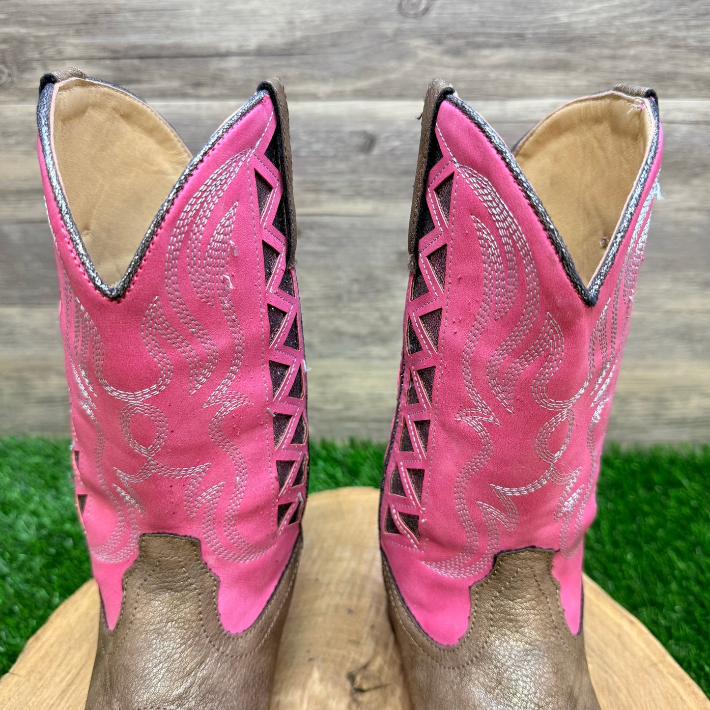 Roper Youth - Size 2 - Glitter Tan / Pink Faux Leather Cowboy Boots 2486
