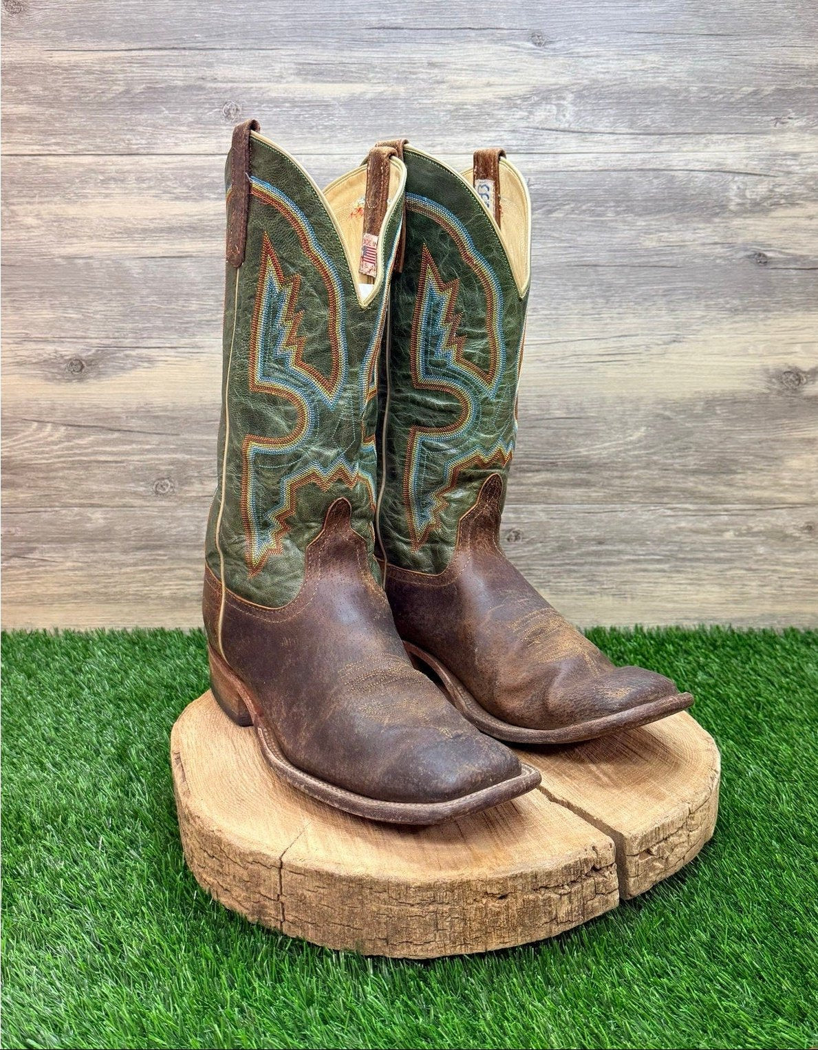 Anderson Bean Men - Size 10.5D - Brown / Green Square Toe Cowboy Boots 4482N