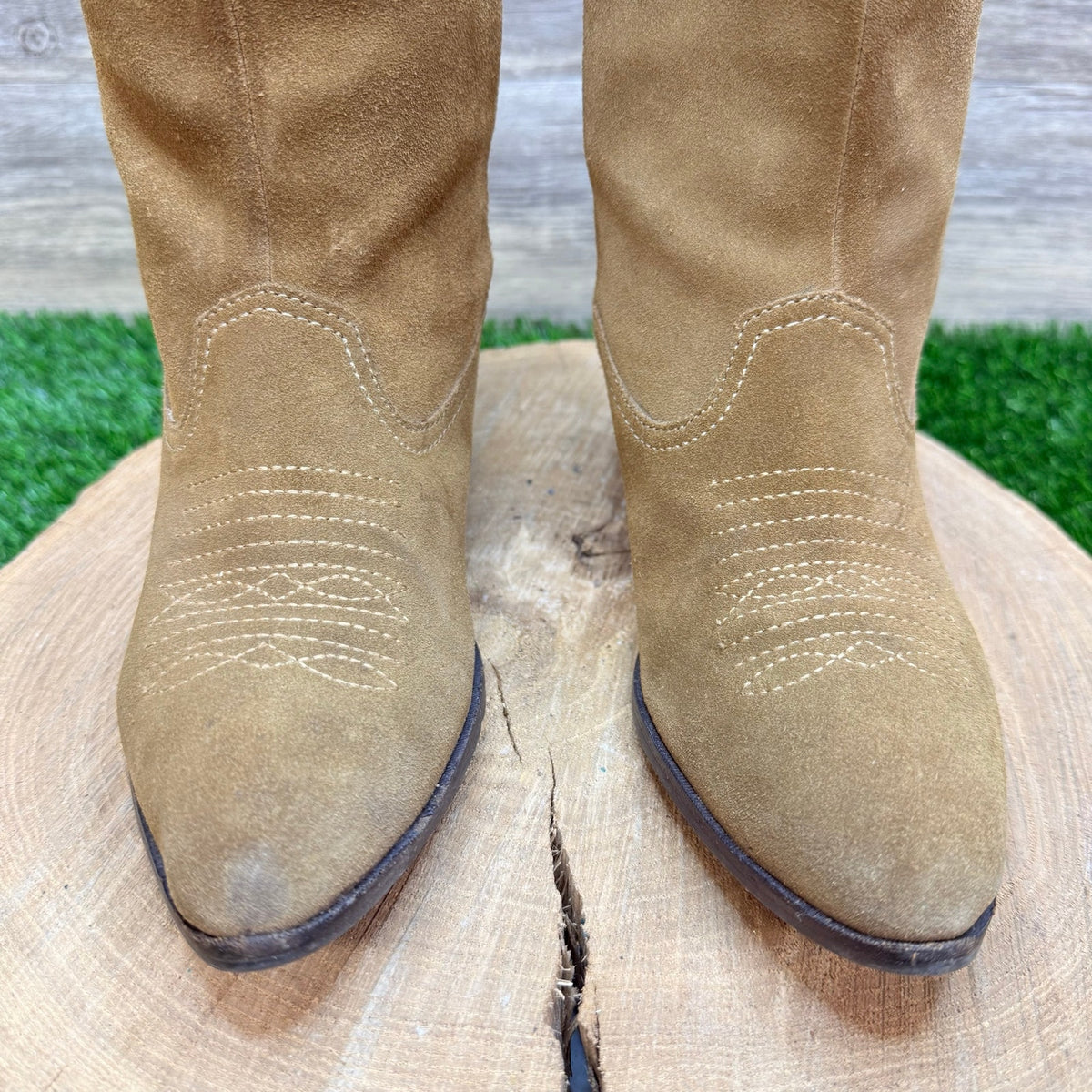 Reba Women - Size 6.5M - Khaki Suede Western Cowboy Boots Rodeo