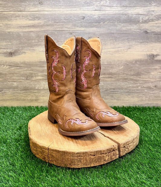 Roper Youth - Size 2 - Tan / Pink Glitter Square Toe Cowboy Boots 2926