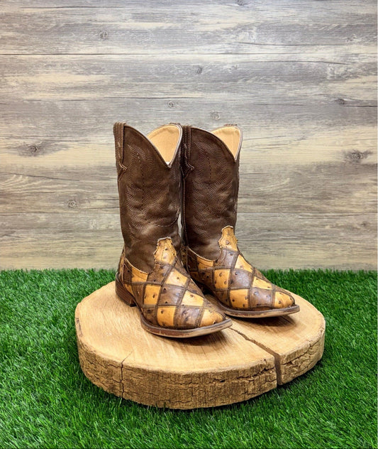 Roper Youth - Size 2 - Brown / Tan Ostrich Print Square Toe Cowboy Boots 2102