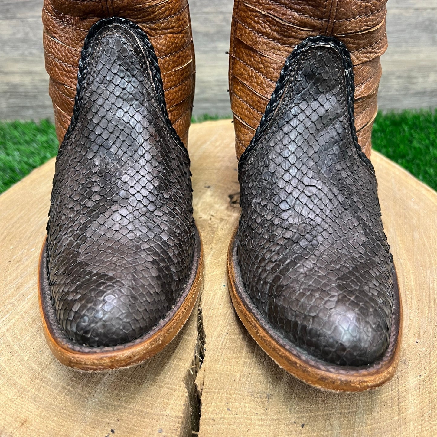 Veari Women - Size 6.5 - Brown Two Tone Snake Zipper Ankle Boots
