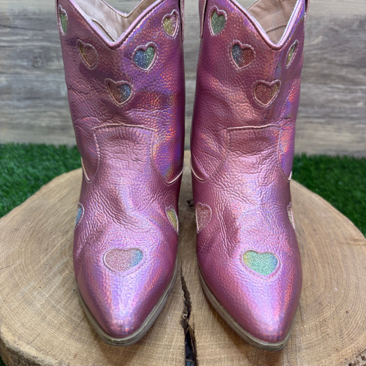 Lola Youth - Size 2.5 - Pink Glitter Heart Faux Leather Boots