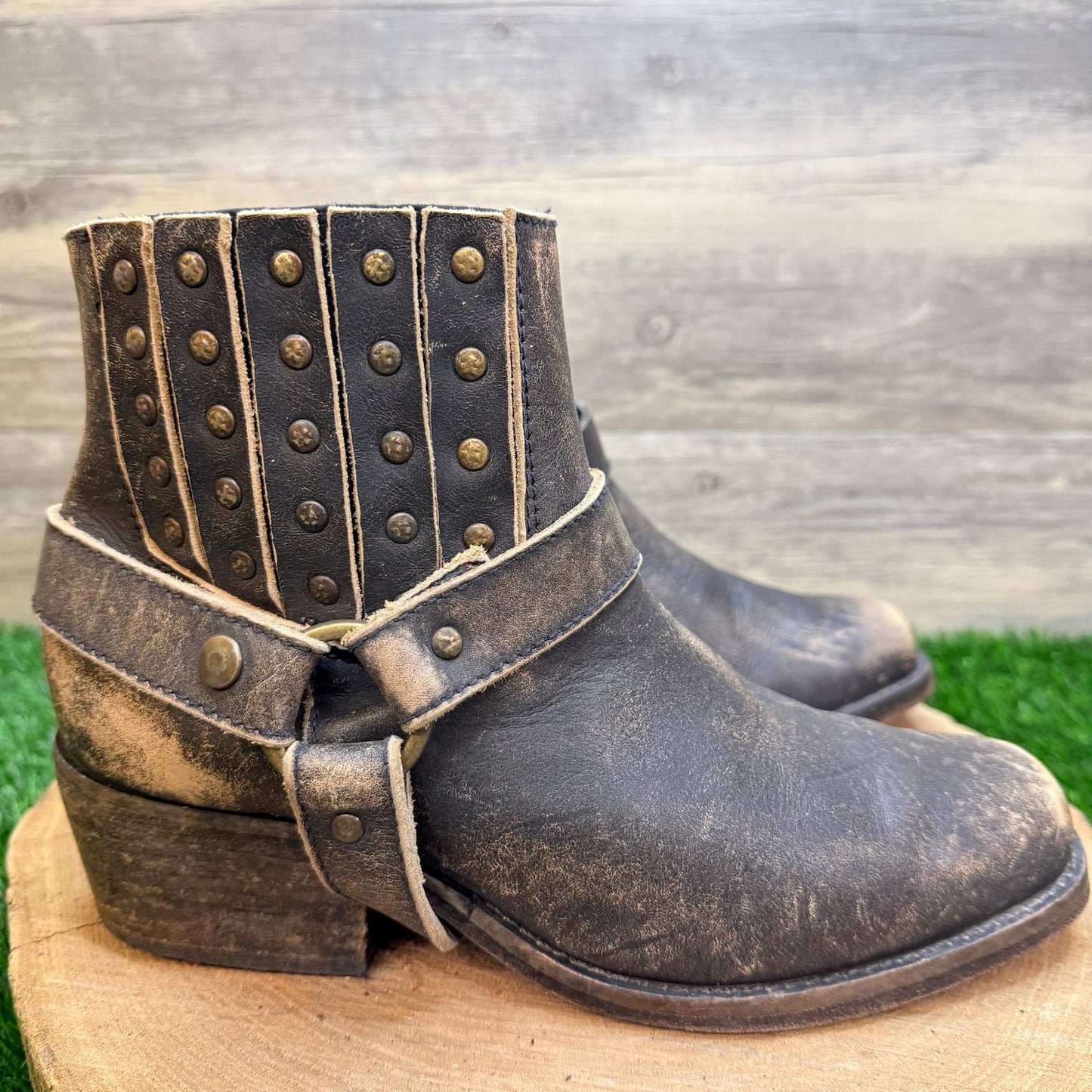 Corral Women - Size 9M - Distressed Black Studded Strap Ankle Boots P5038