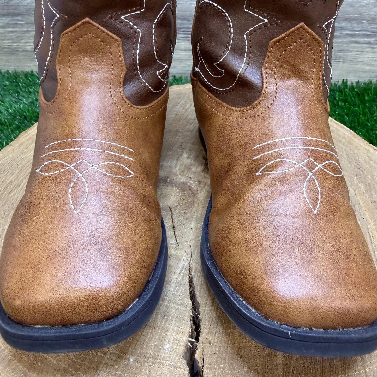 Wonder Nation Youth - Size 3 - Brown Square Toe Faux Leather Cowboy Boots 17751