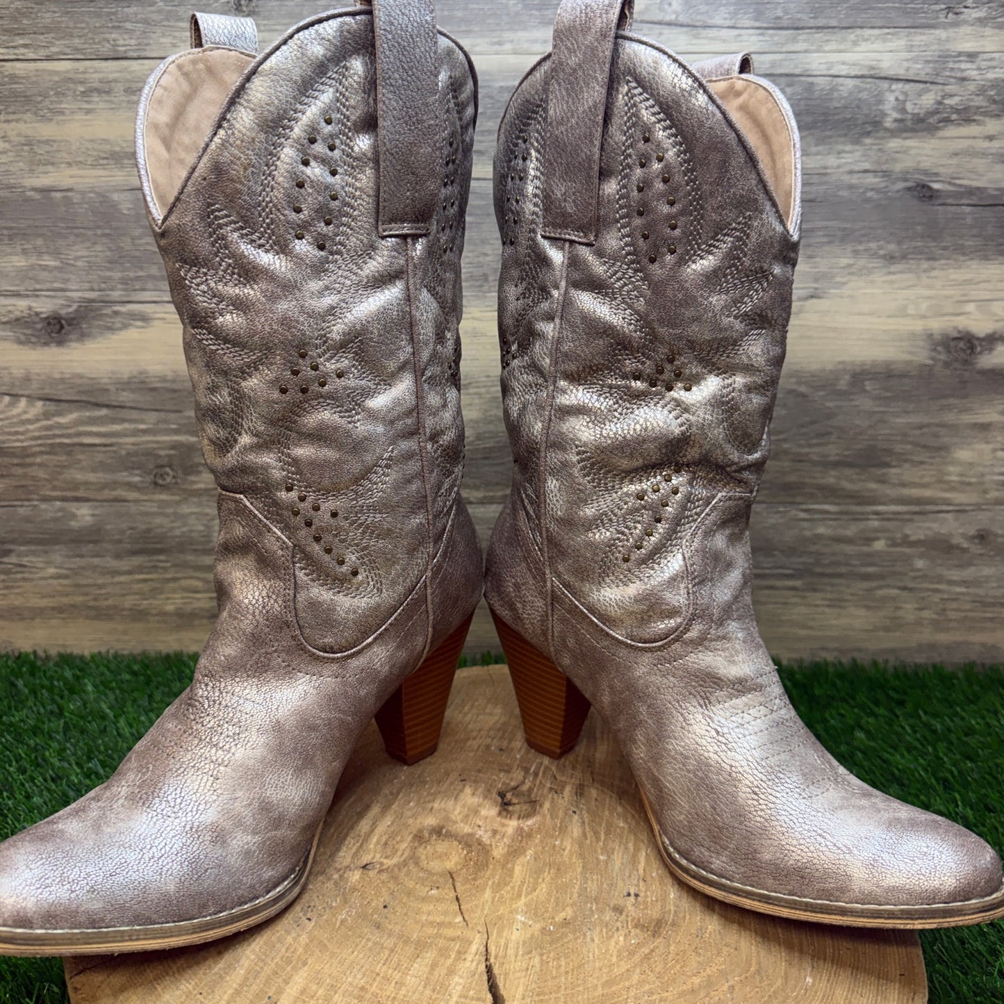 Very Volatile Women - Size 11 - Metallic Beige Studded Faux Leather Boots