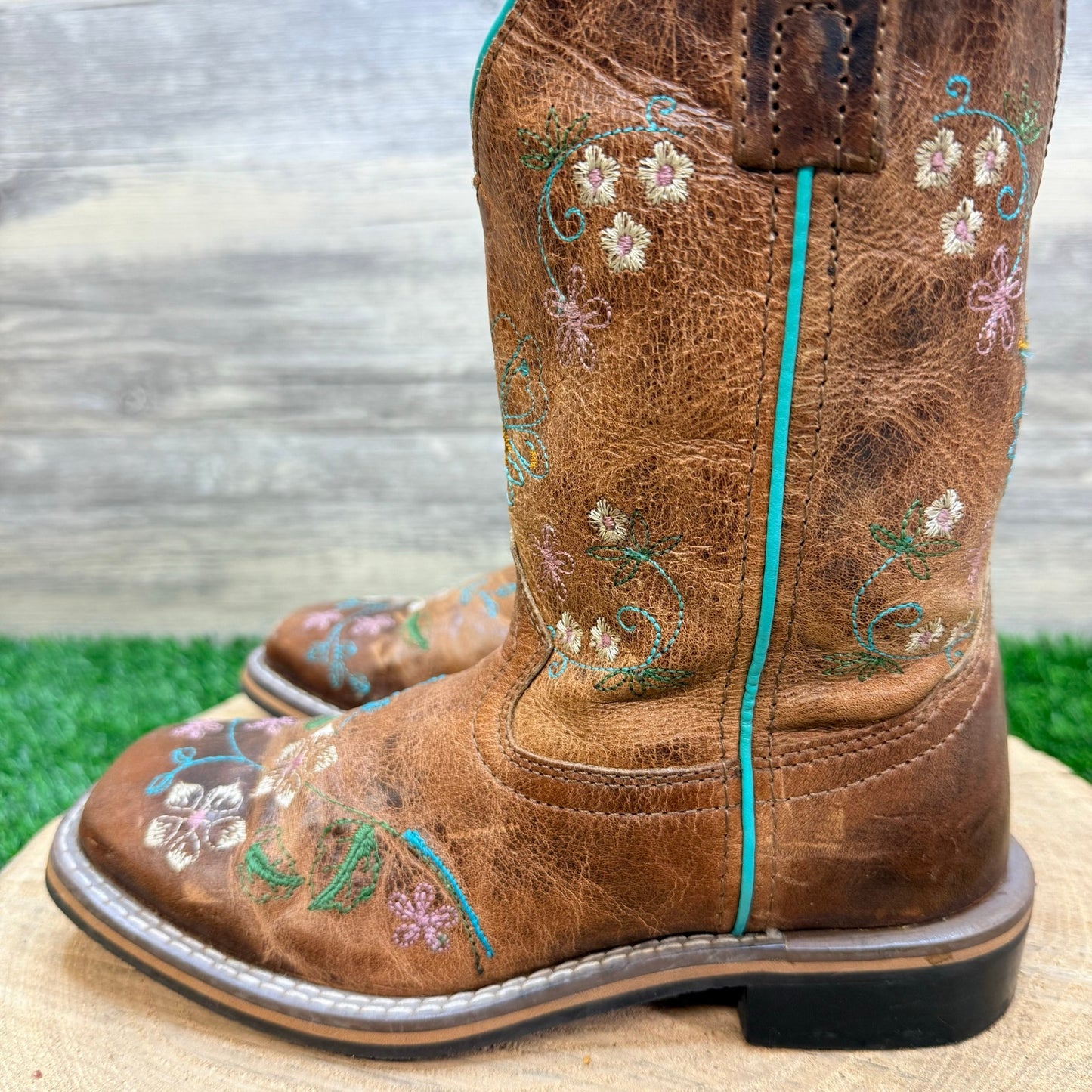 Smoky Mountain Youth - Size 2R - Tan Floral Square Toe Cowboy Boots 3841C