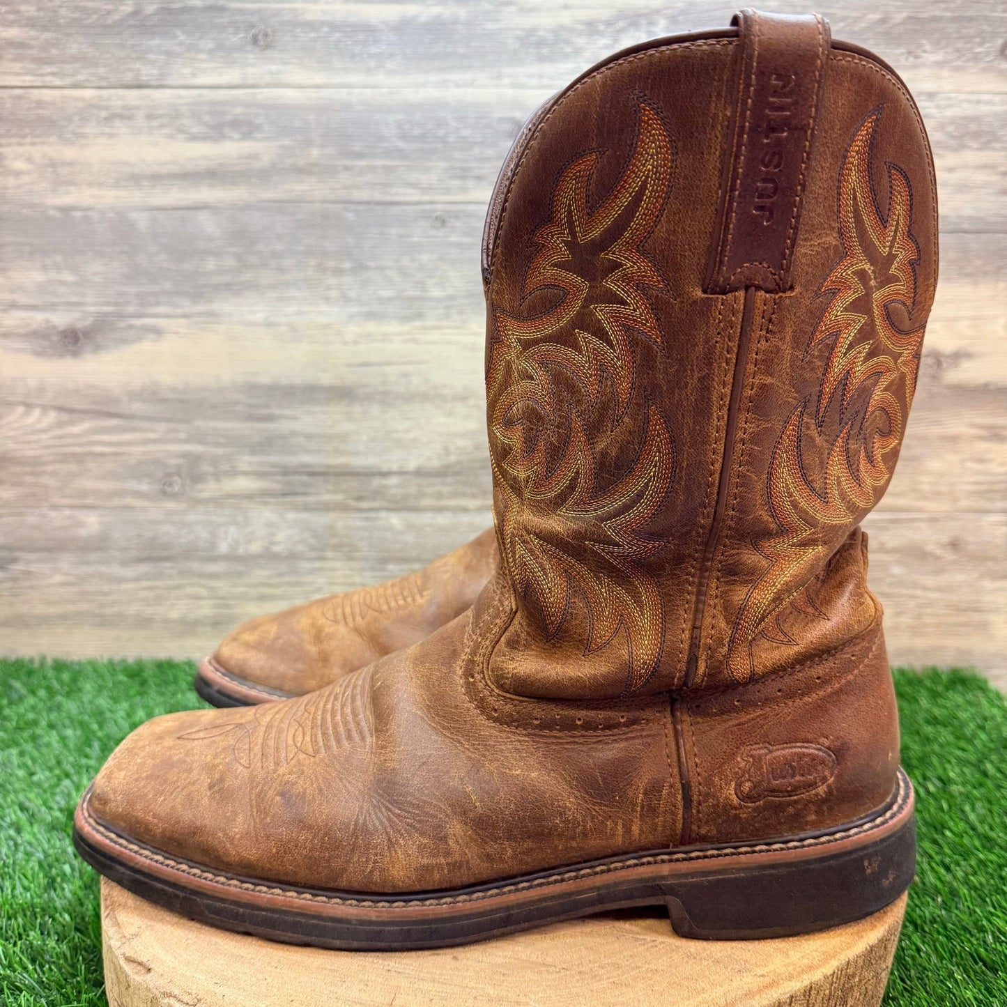 Justin Men - Size 13D - Brown Stampede Work Square Toe Cowboy Boots SE4681