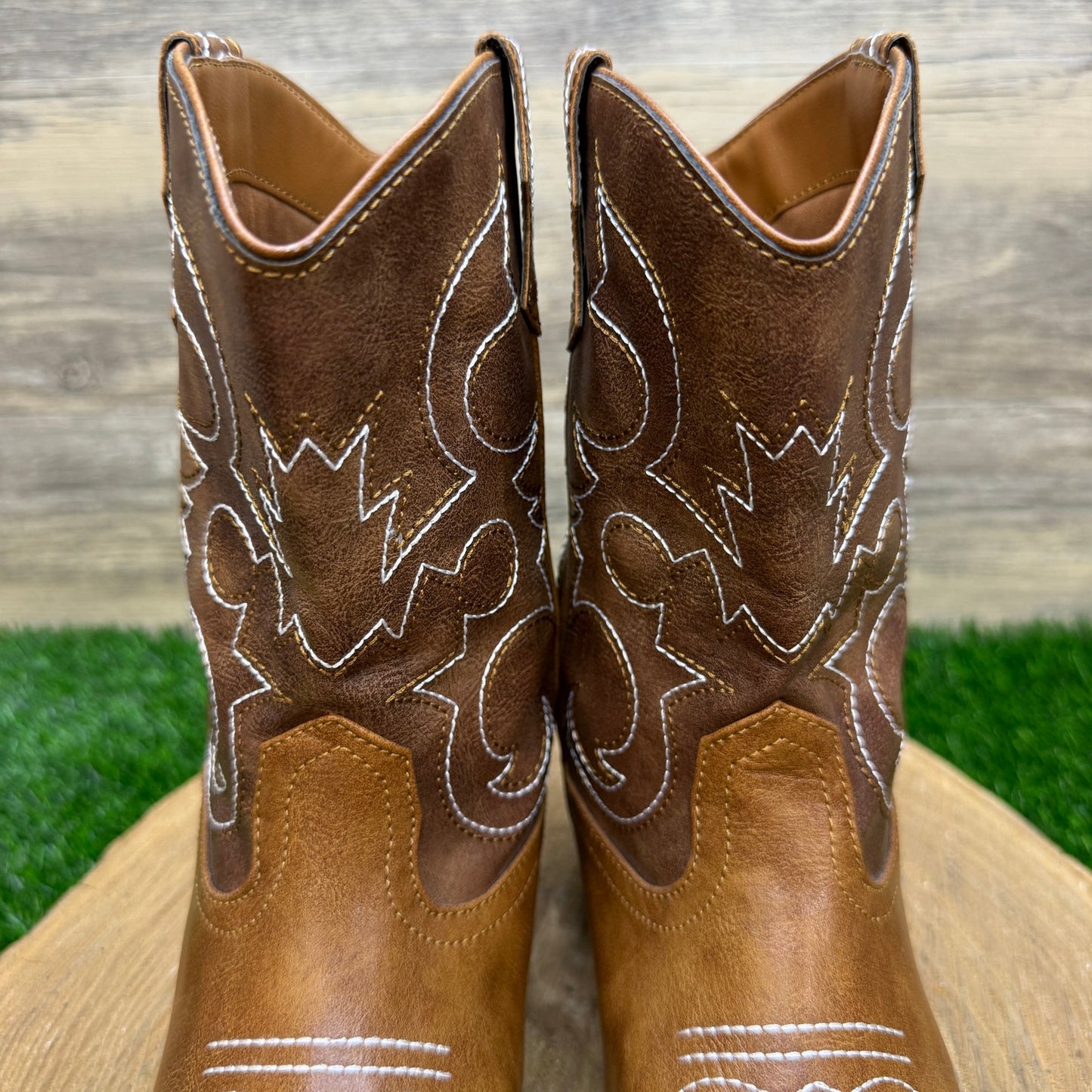 Wonder Nation Youth - Size 3 - Brown Faux Leather Square Toe Cowboy Boots 47083