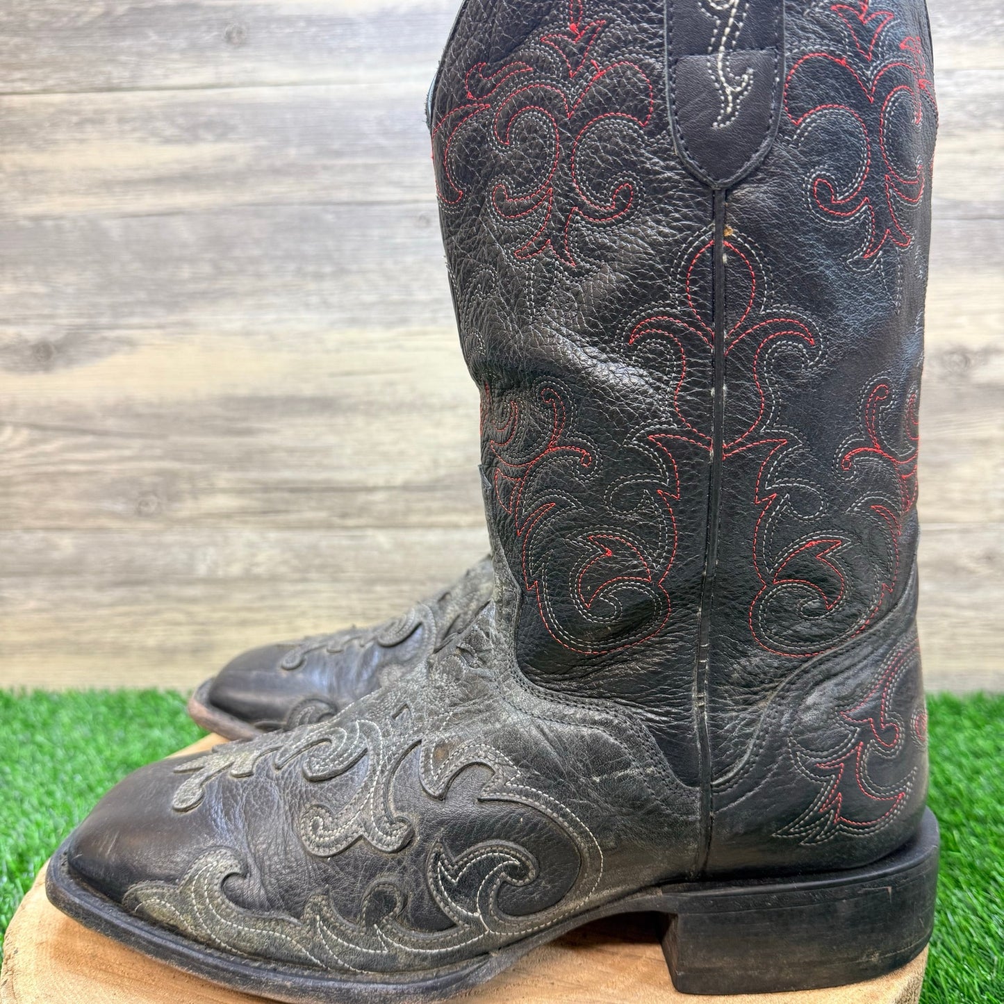JB Dillon Men - Size 11EE - Black / Red Scroll Square Toy Cowboy Boots JBM2013