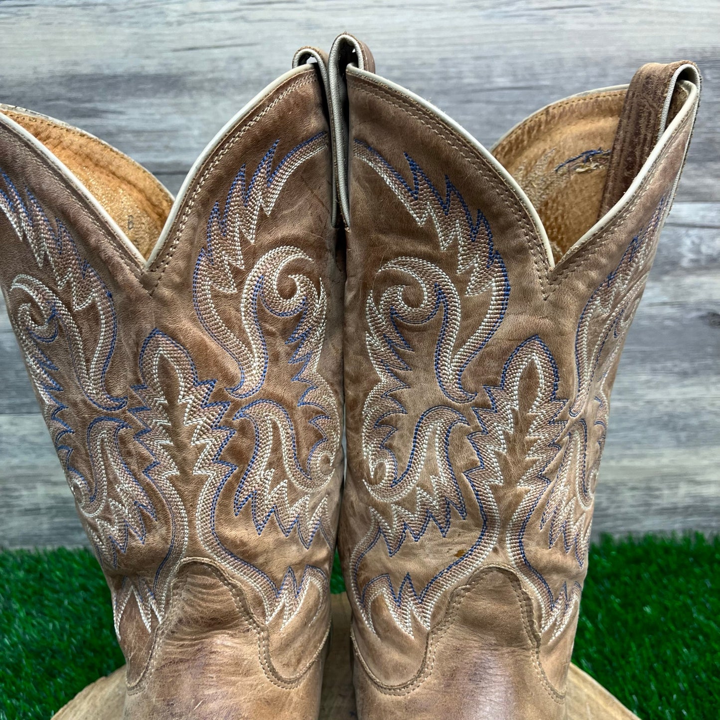 Nocona Women - Size 9B - Tan/Blue Snip Toe Cowboy Boots Style LD2732