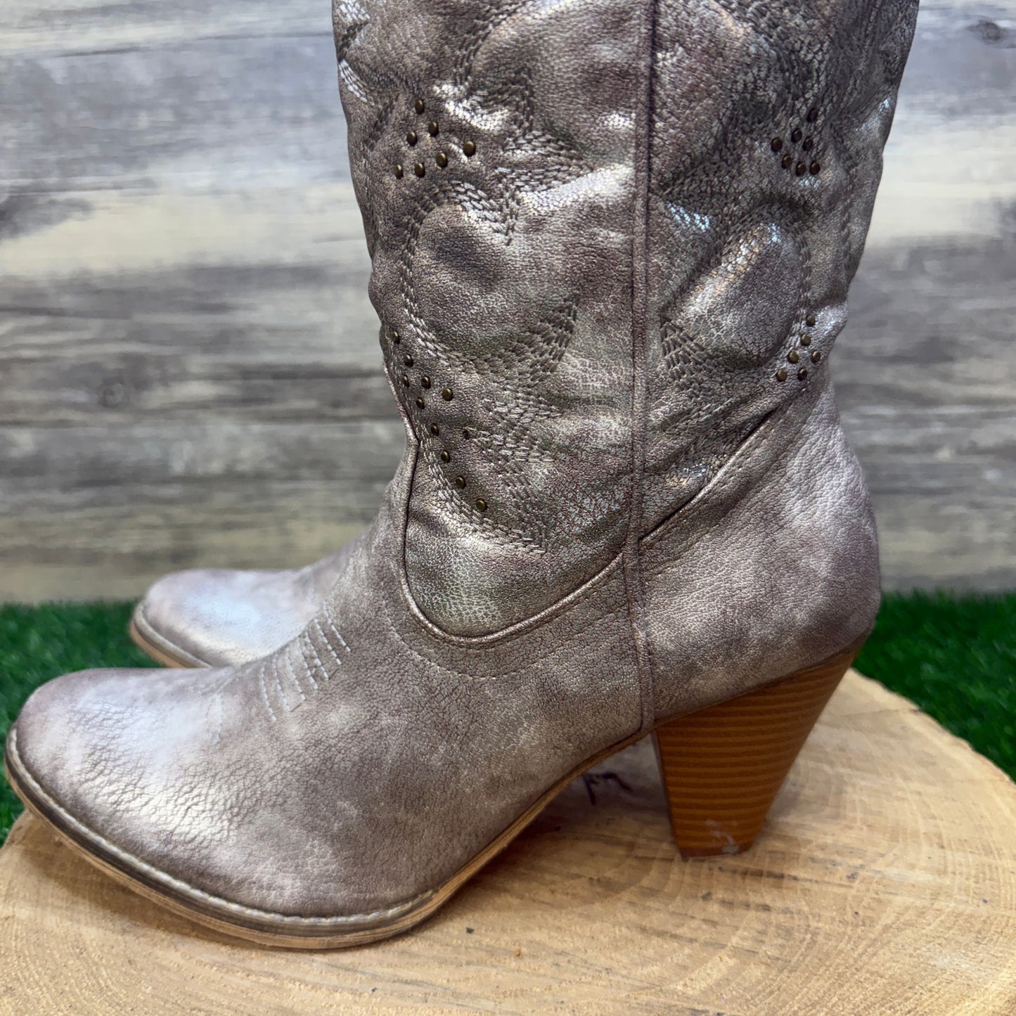 Very Volatile Women - Size 11 - Metallic Beige Studded Faux Leather Boots