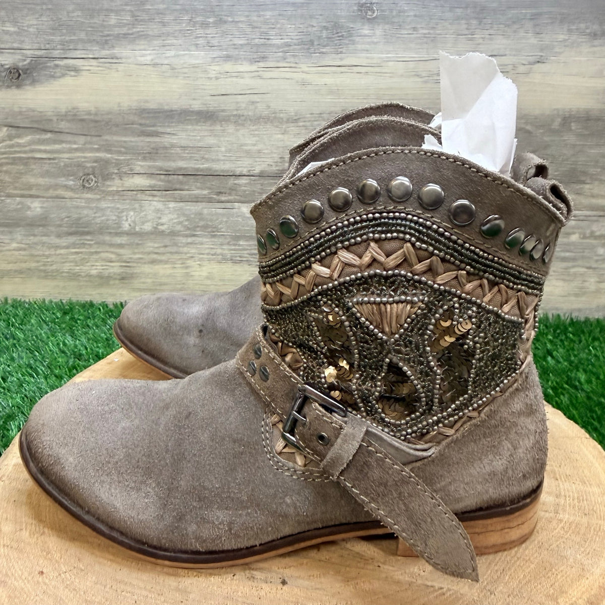 Naughty Monkey Women - Size 8 - Beige Buckled Stud Ankle Boots