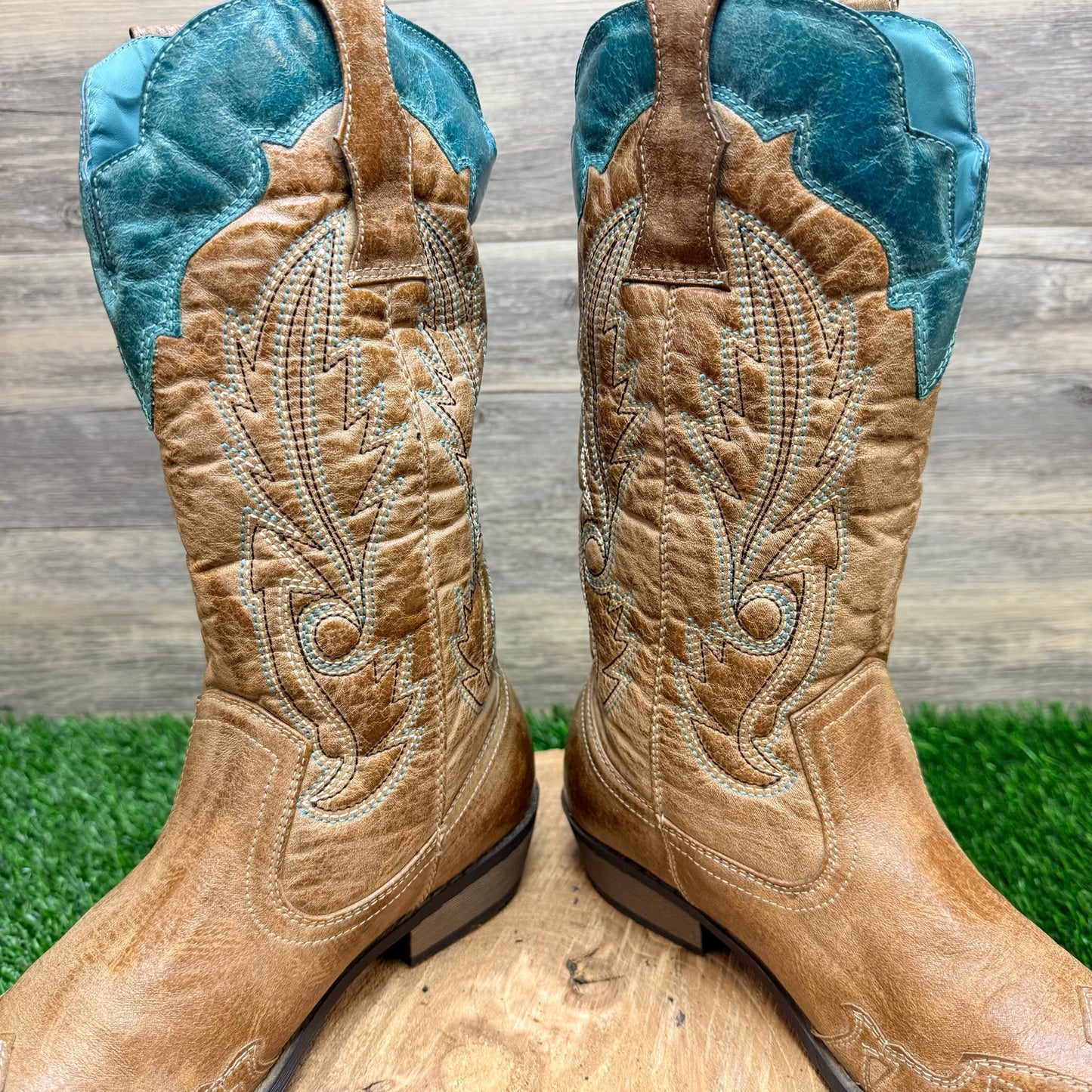Coconuts Women - Size 6.5M - Tan / Turquoise Soft Faux Cowboy Boots Cimmaron