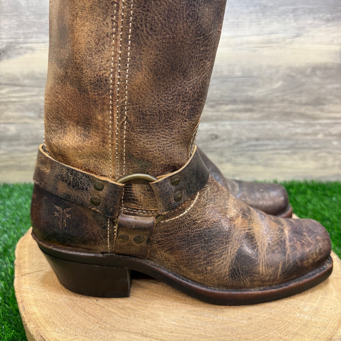 Frye Women - Size 8.5 - Distressed Brown Harness Square Toe Boots