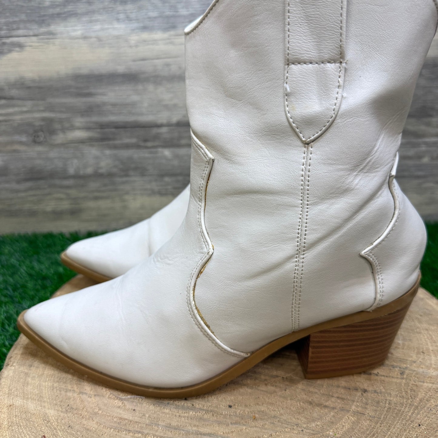 Bamboo Women - Size 10 - Metallic Pearl Faux Leather Ankle Boots Mindful