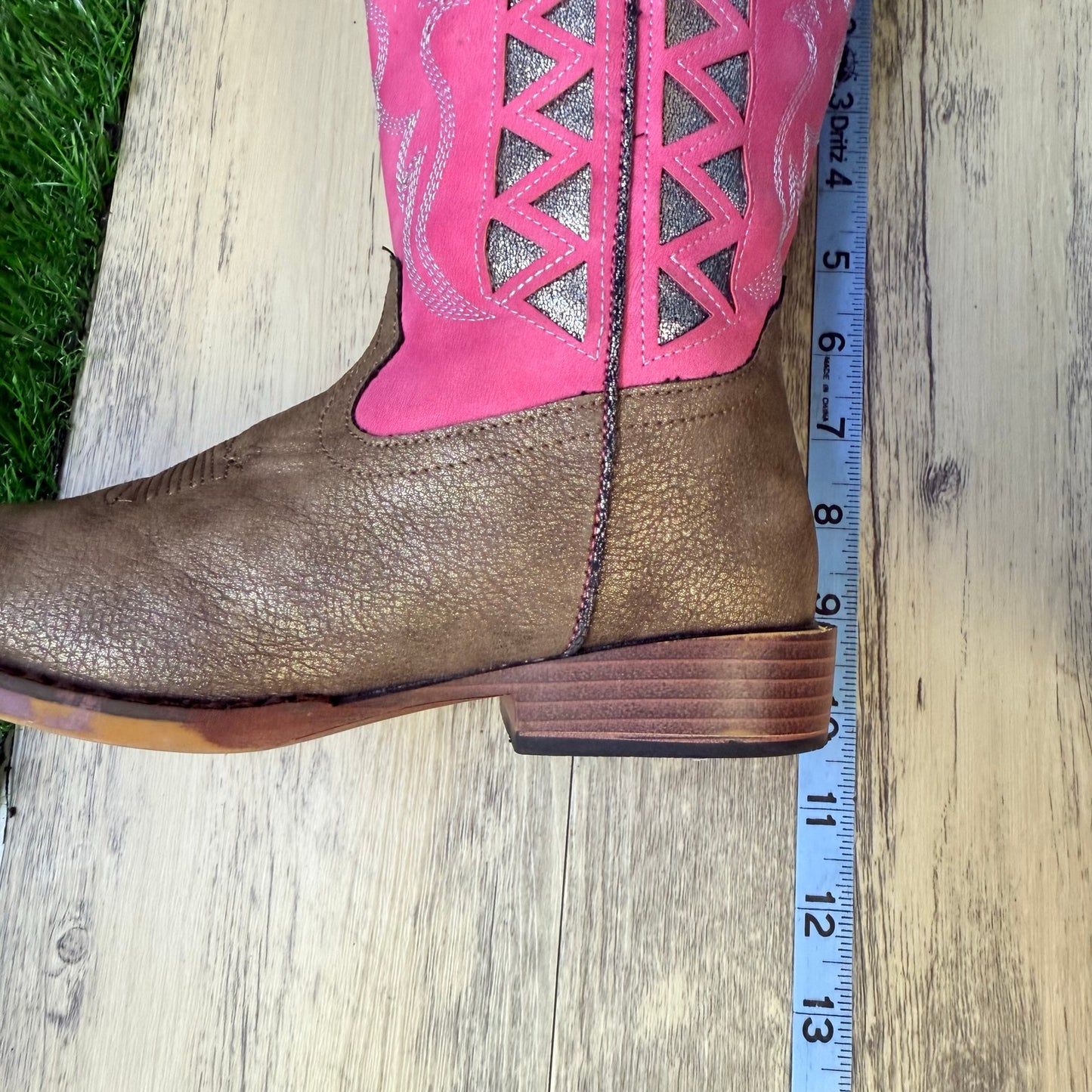 Roper Youth - Size 2 - Glitter Tan / Pink Faux Leather Cowboy Boots 2486