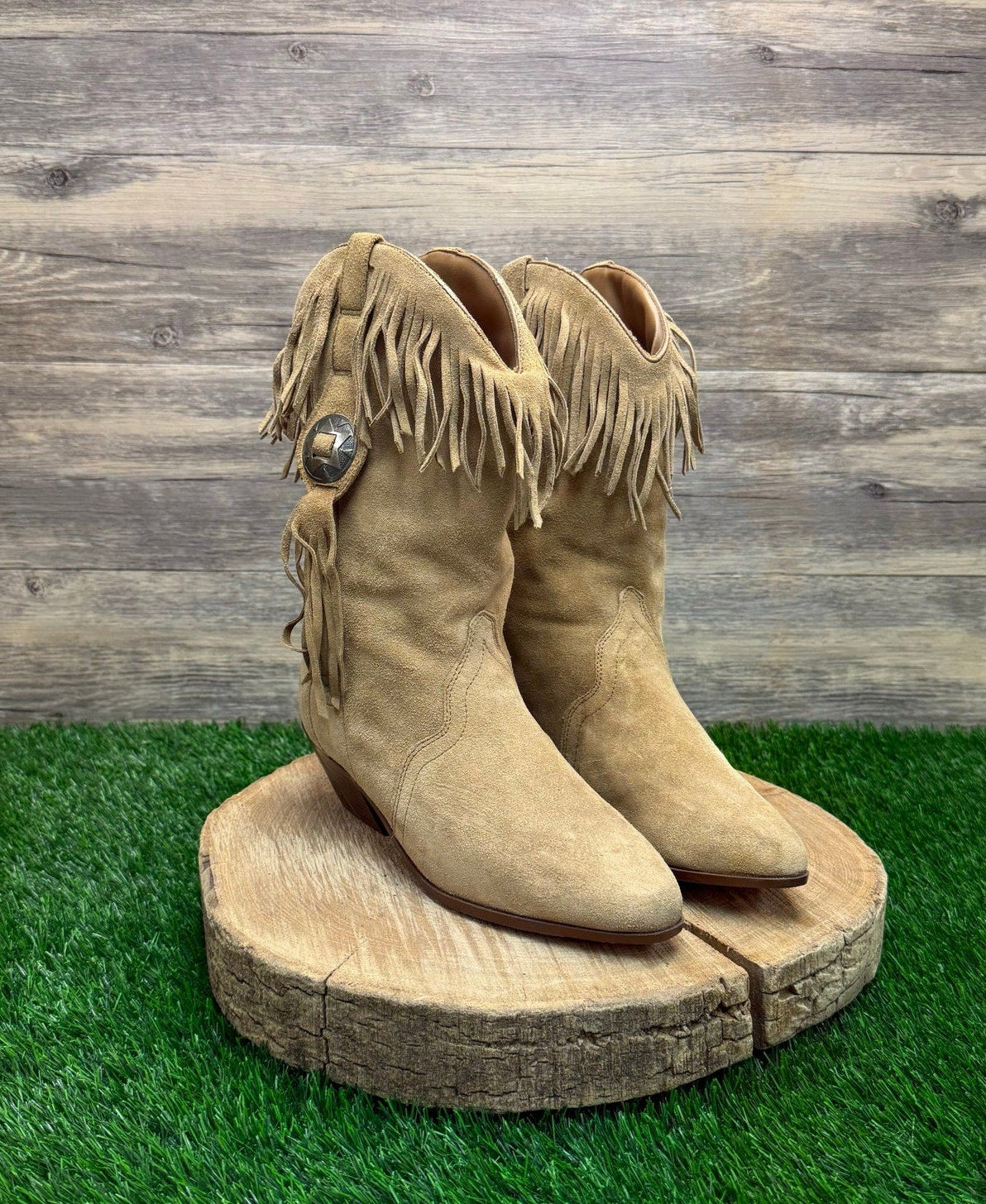 Silver Star Women - Size 8 Vintage Sand Suede Fringe Cowboy Boots Style Houston