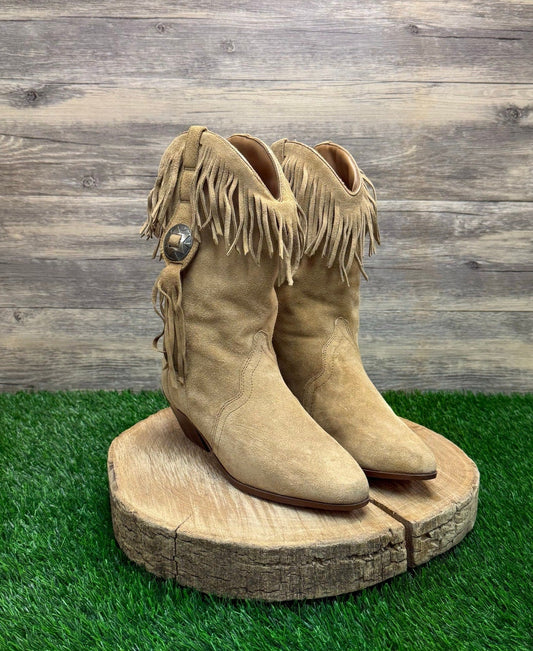Silver Star Women - Size 8 Vintage Sand Suede Fringe Cowboy Boots Style Houston