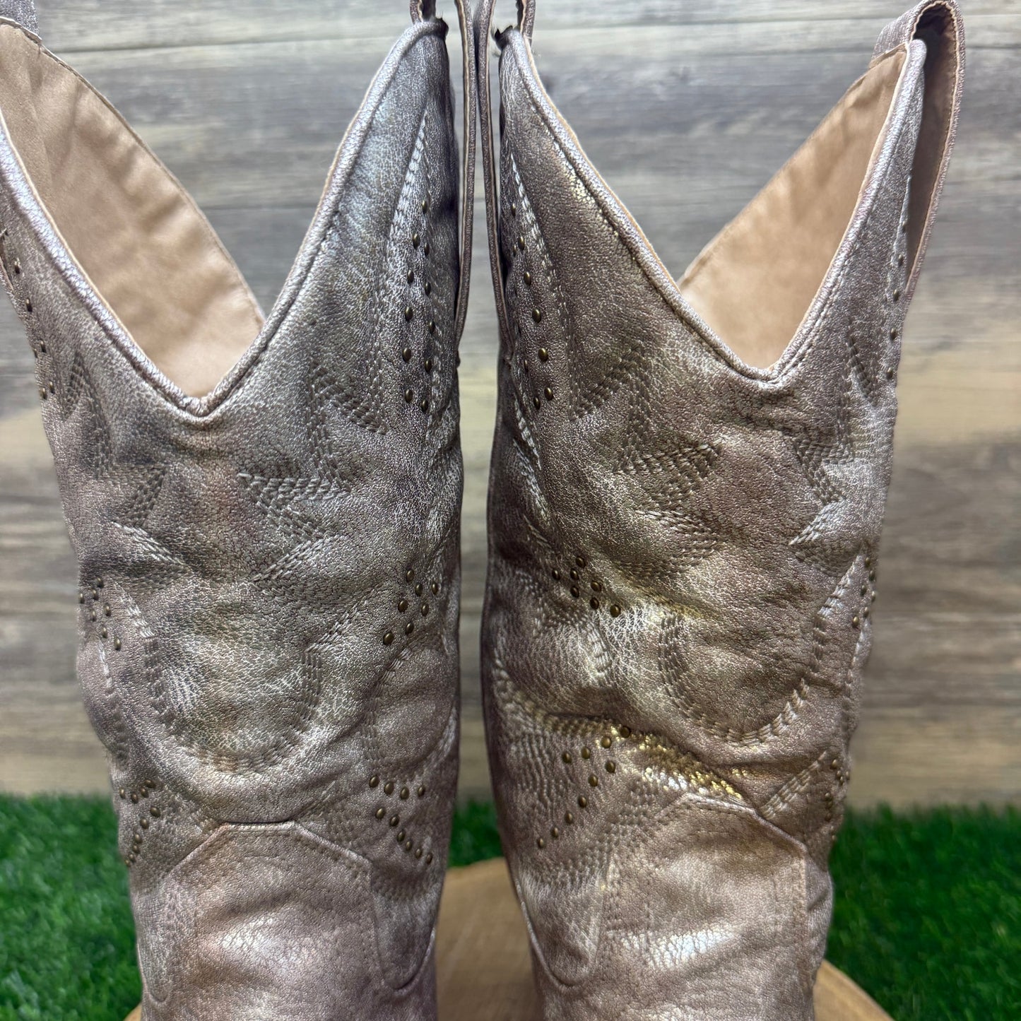 Very Volatile Women - Size 11 - Metallic Beige Studded Faux Leather Boots