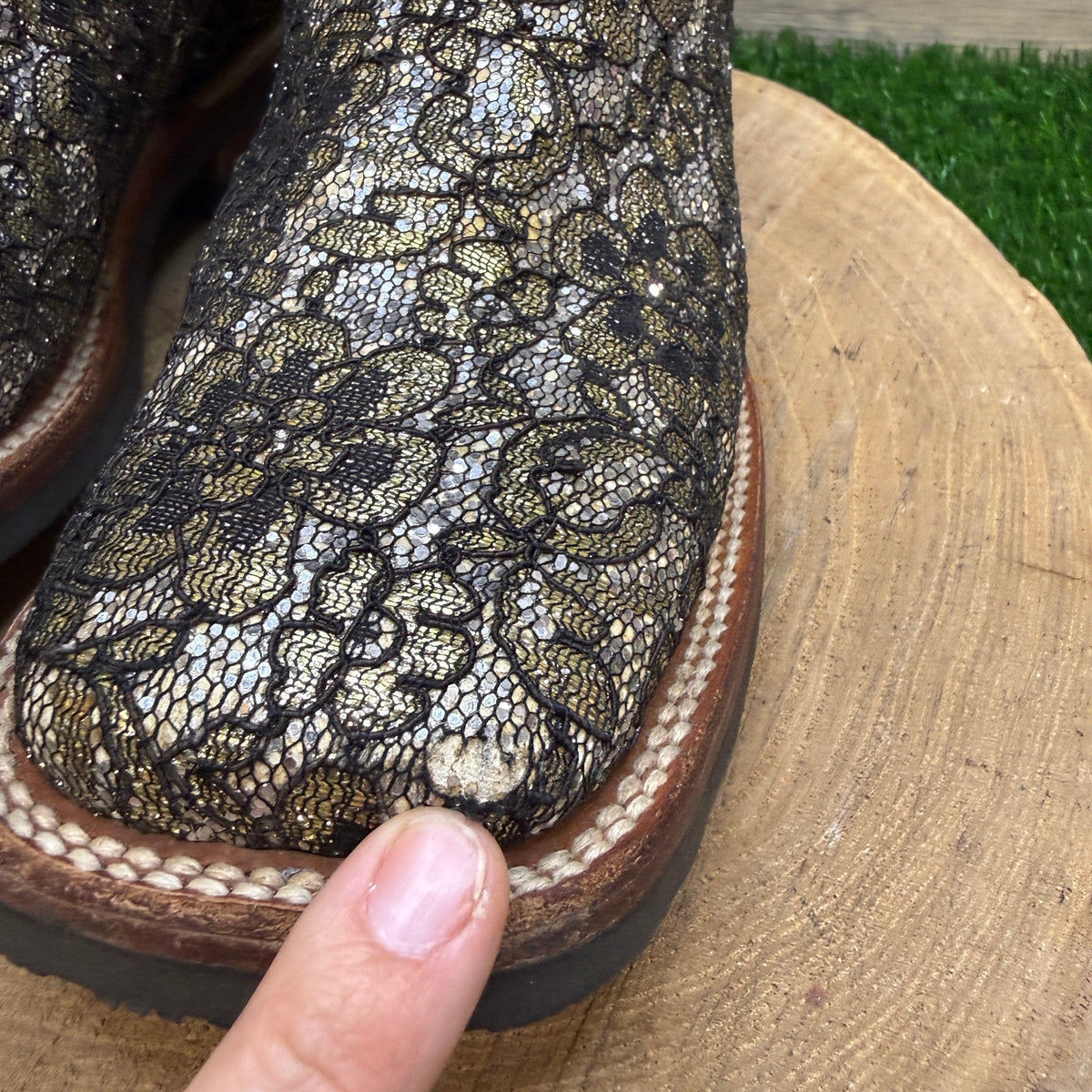 Ferrini Women - Size 9B - Black Glitter Lace Square Toe Cowboy Boots Flower