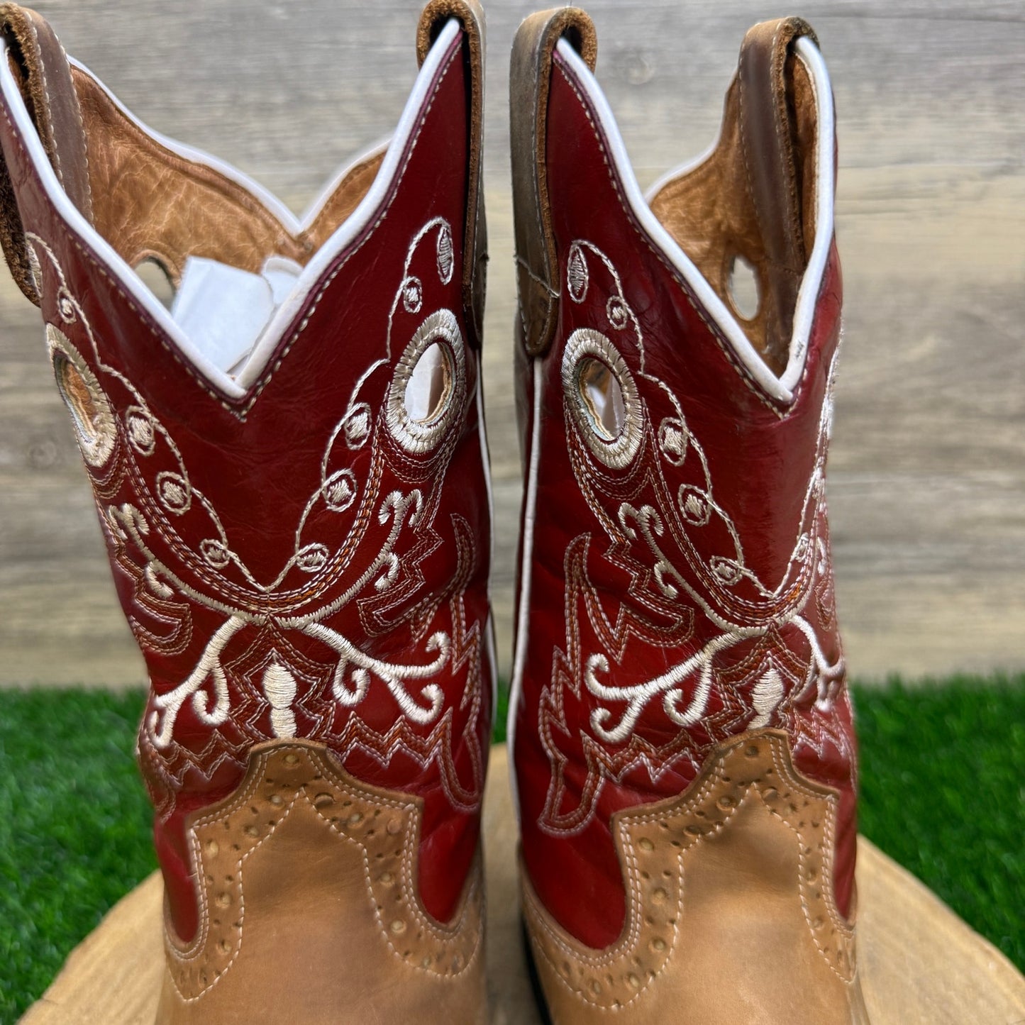 Tierra Blanca Youth - Size 4.5 - Tan/Red Square Toe Cowboy Boots Style 618