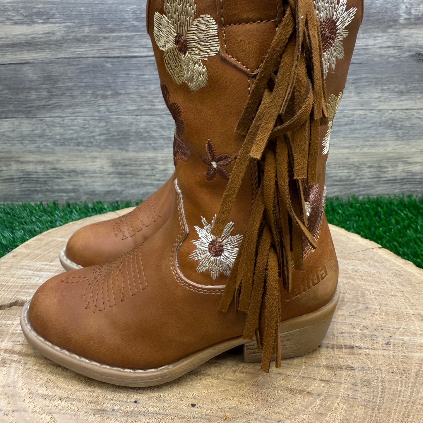 Rolled Youth - Size 9T - Tan Floral Fringe Faux Leather Cowboy Boots Style