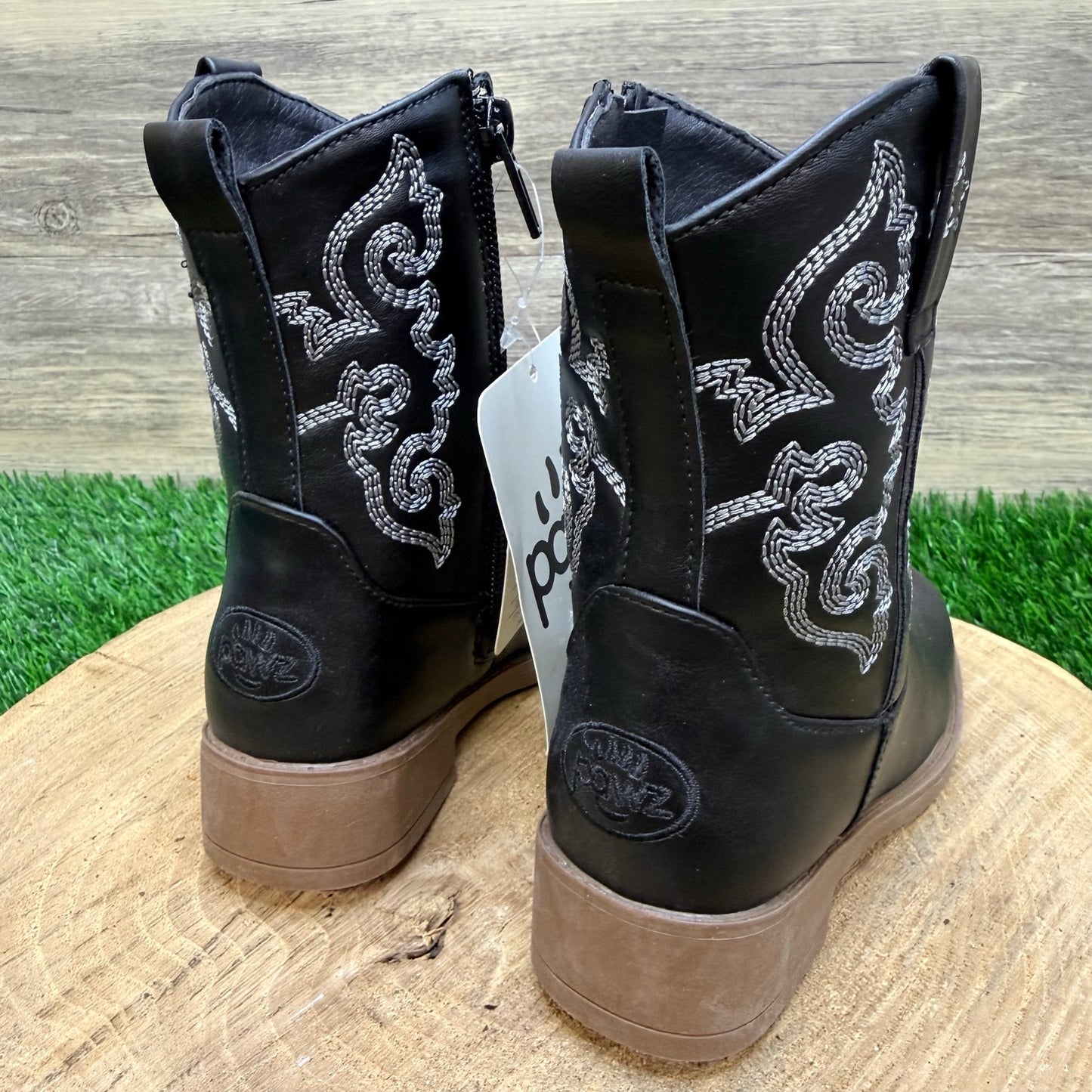 NEW Pawz Youth - Size 8 - Black Western Faux Leather Cowboy Boots
