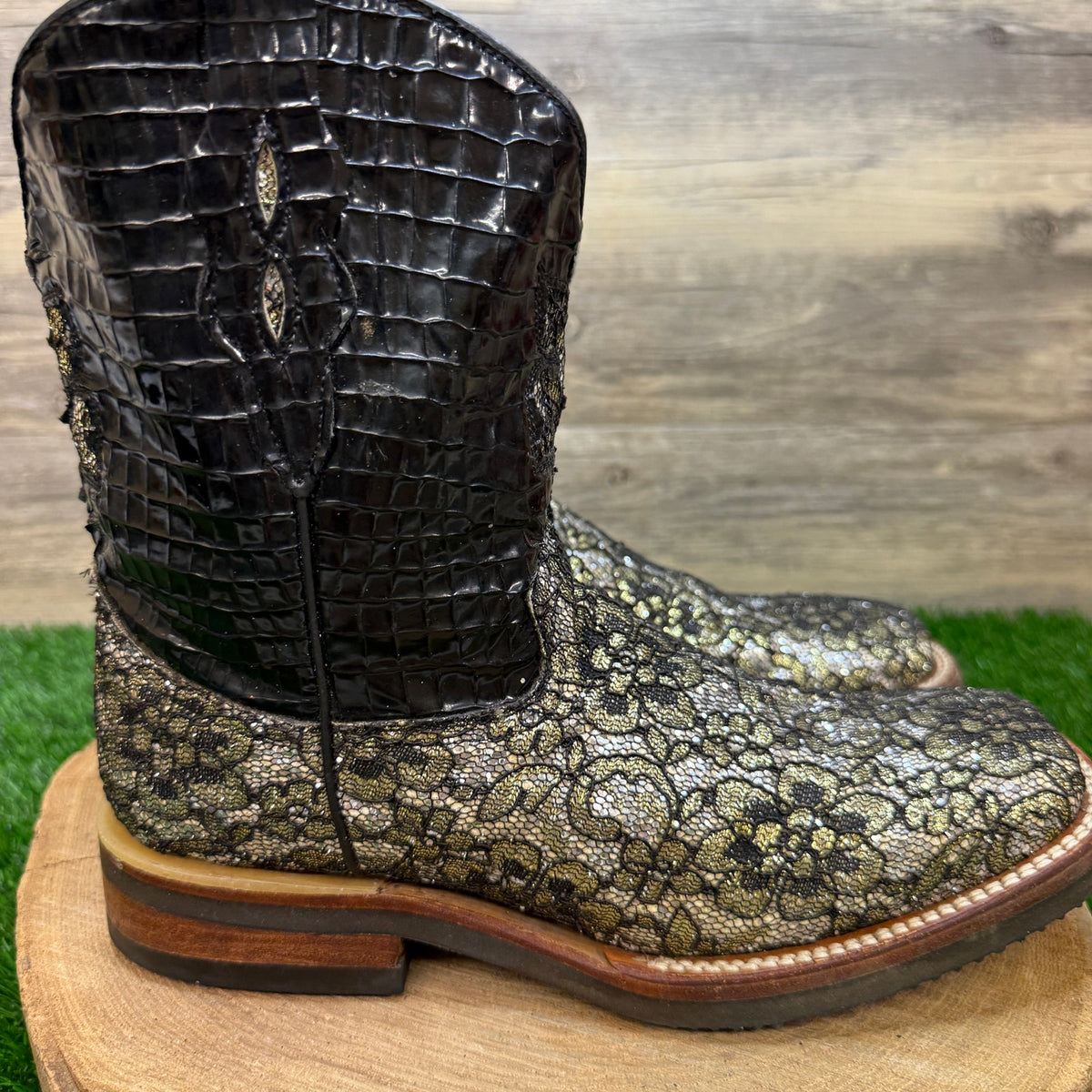 Ferrini Women - Size 9B - Black Glitter Lace Square Toe Cowboy Boots Flower