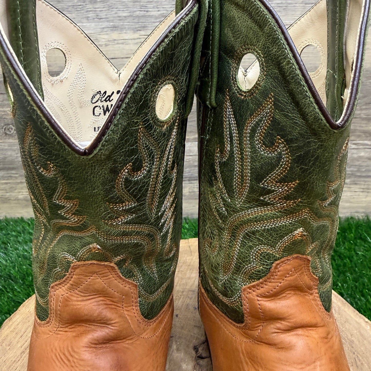 Old West Youth - Size 3D - Tan/Green Cowboy Boots Style CW2554