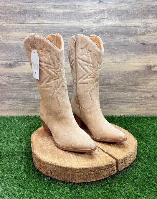 NEW Time and Tru Women - Size 7 - Beige Faux Suede Puff Zipper Cowboy Boots