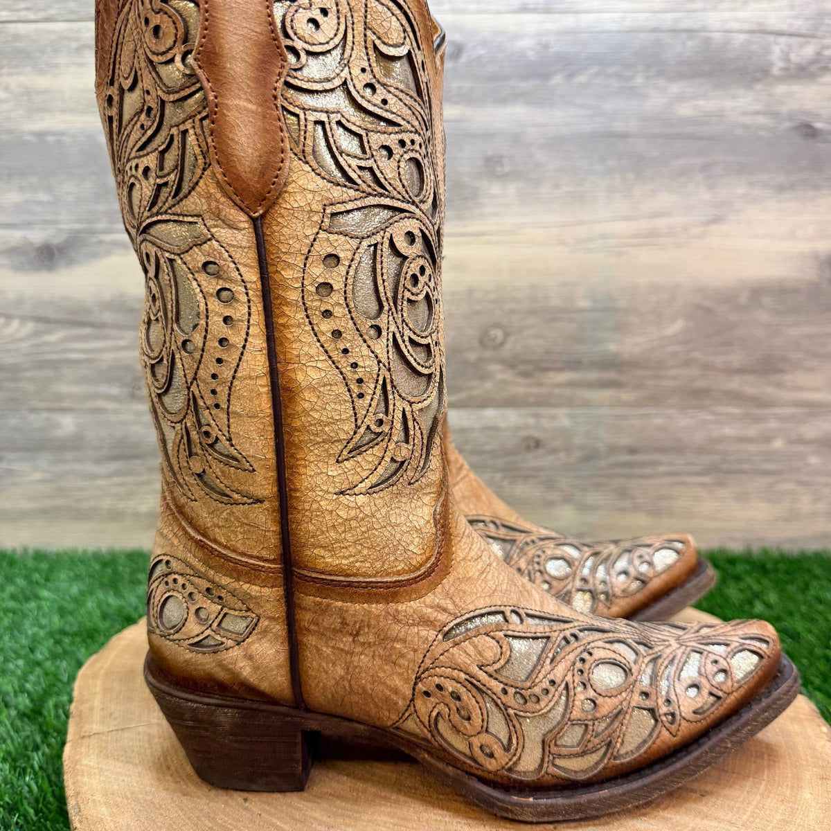 Corral Teen Youth - Size 5 - Beige / Gold Inlay Western Cowboy Boots 0080