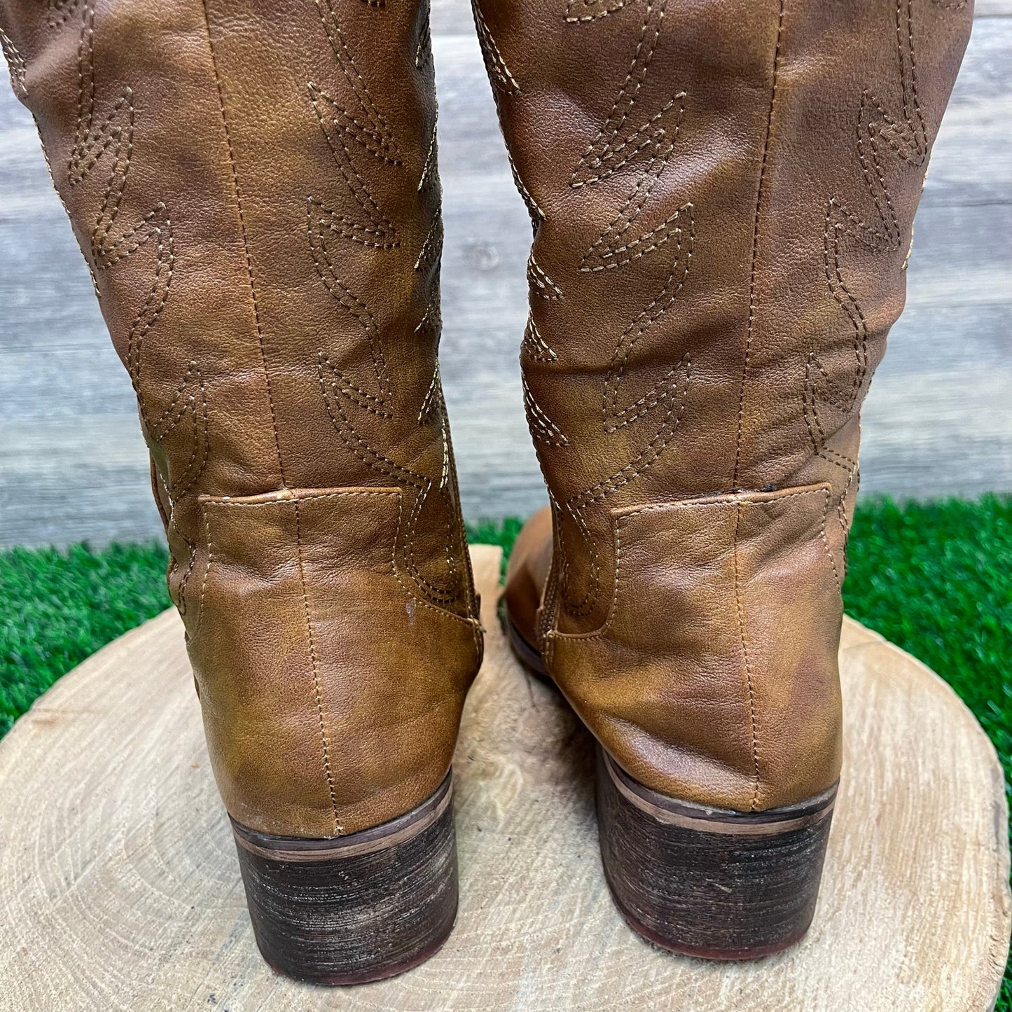 Yoki Women - Size 6.5 - Tan Tall Shaft Faux Leather Zipper Boots