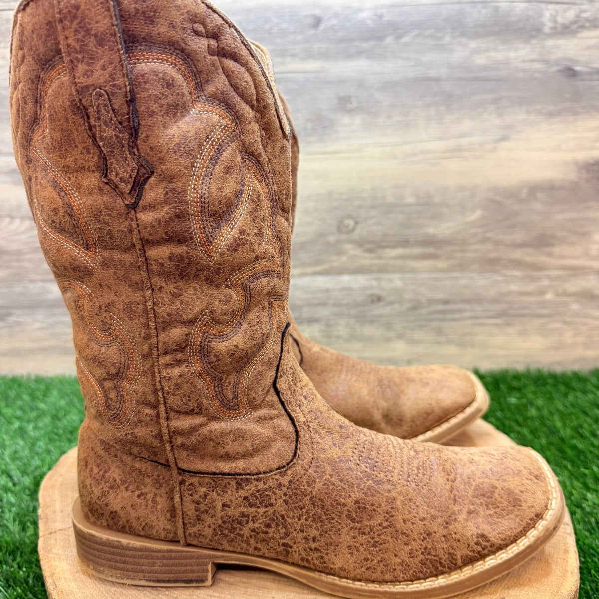 Roper Youth - Size 6 - Distressed Tan Faux Square Western Cowboy Boots