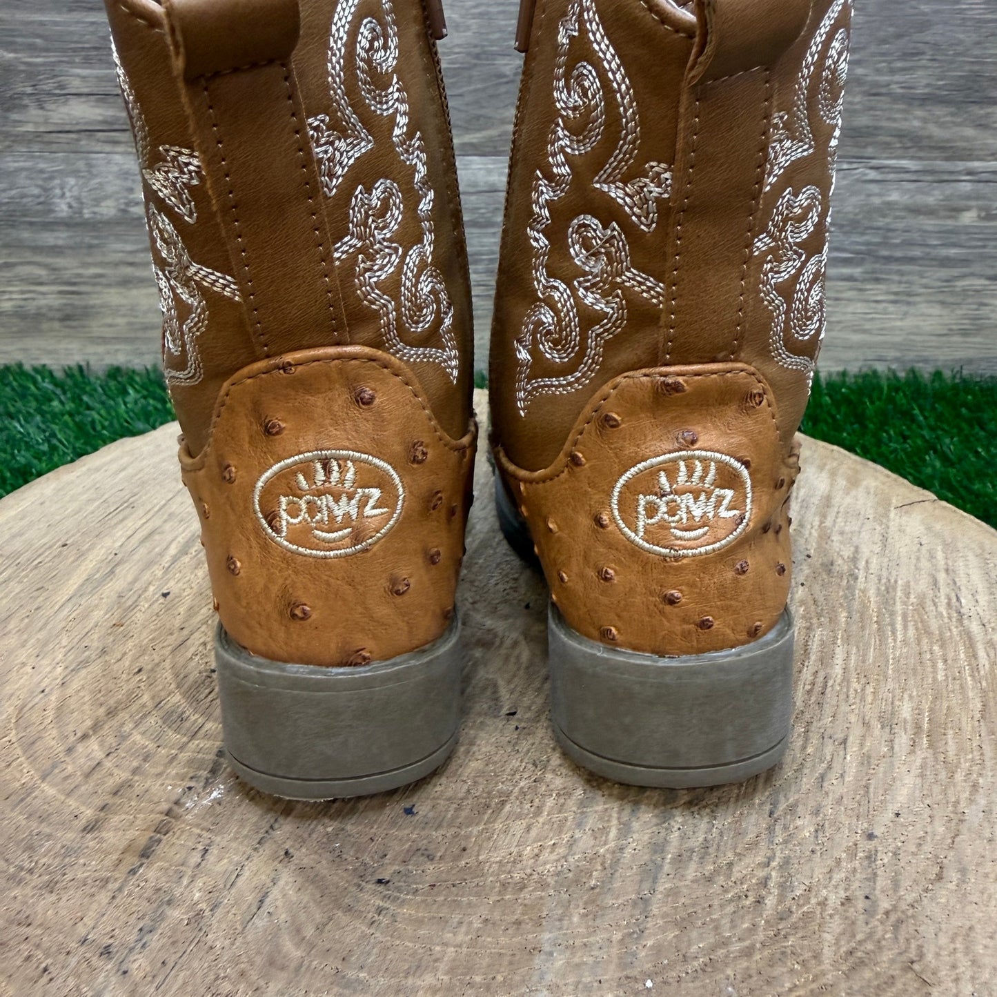 Pawz Youth - Size 8 - Tan Faux Ostrich/Leather Zipper Cowboy Boots Style 35356