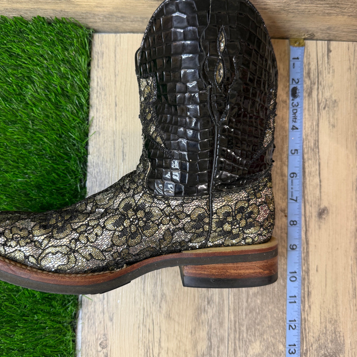Ferrini Women - Size 9B - Black Glitter Lace Square Toe Cowboy Boots Flower