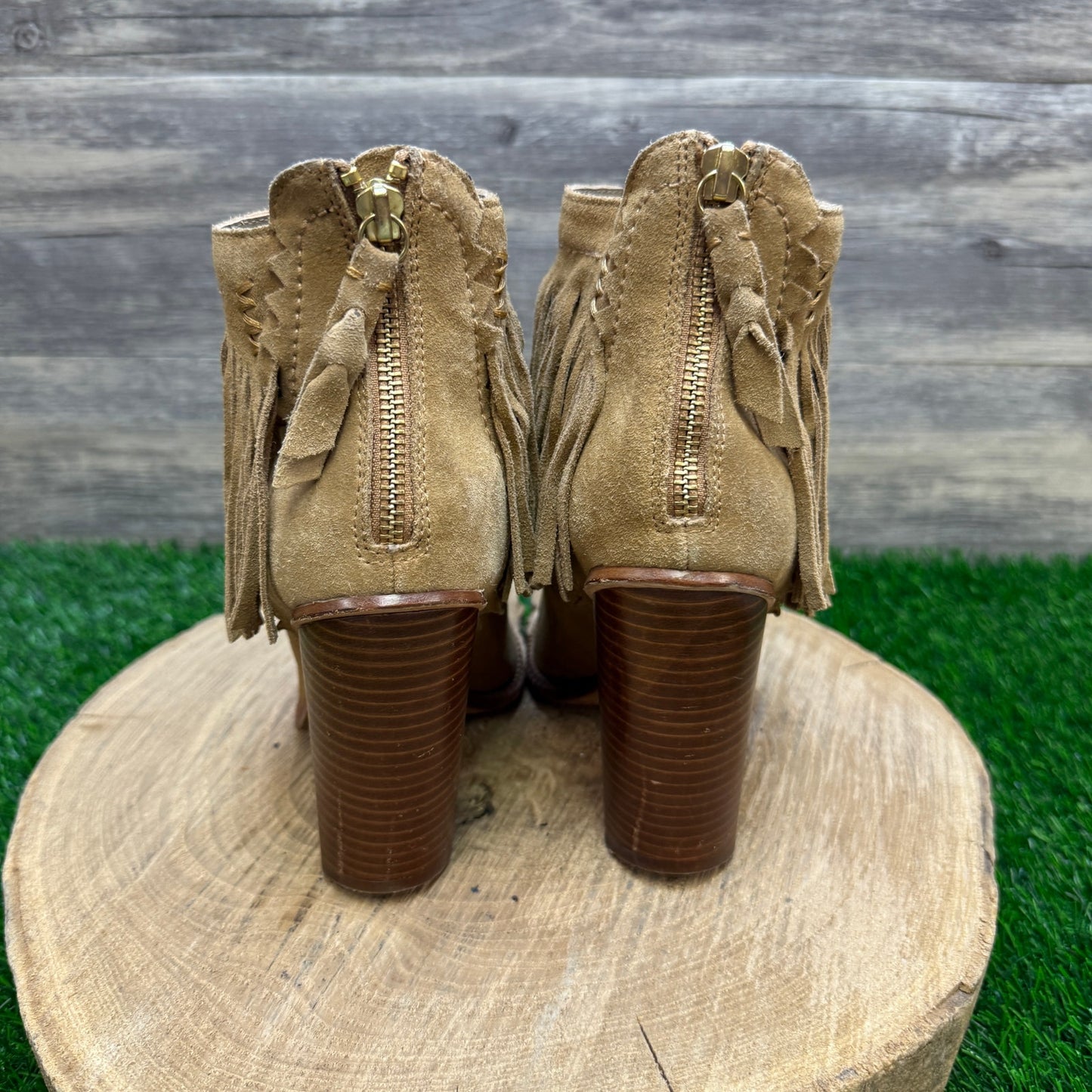 Cynthia Vincent Women - Size 8.5 - Tan Fringe Ankle Heeled Zipper Boots