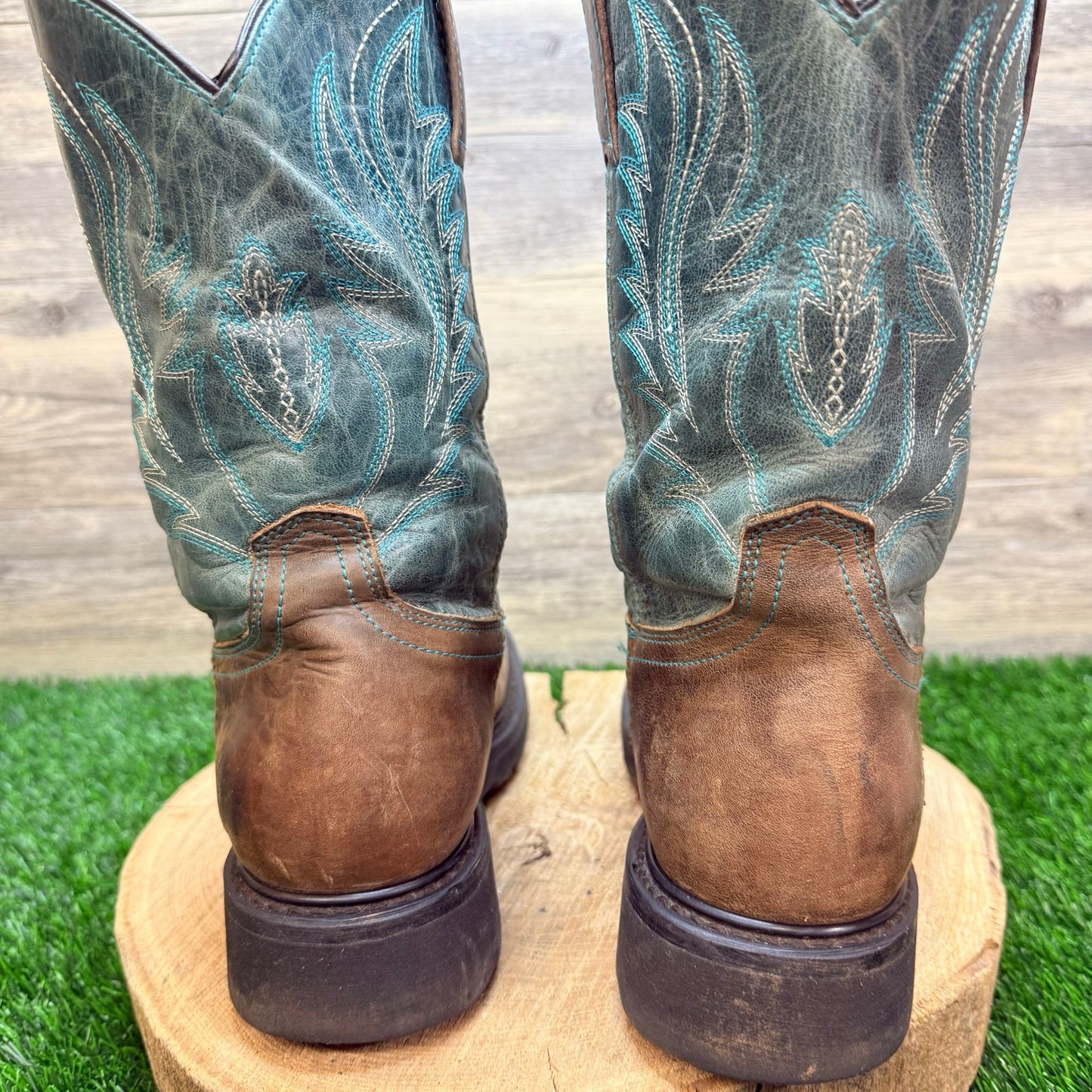 JB Dillon Men - Size 9D - Brown/Green Square Toe Western Cowboy Boots JBR1115D
