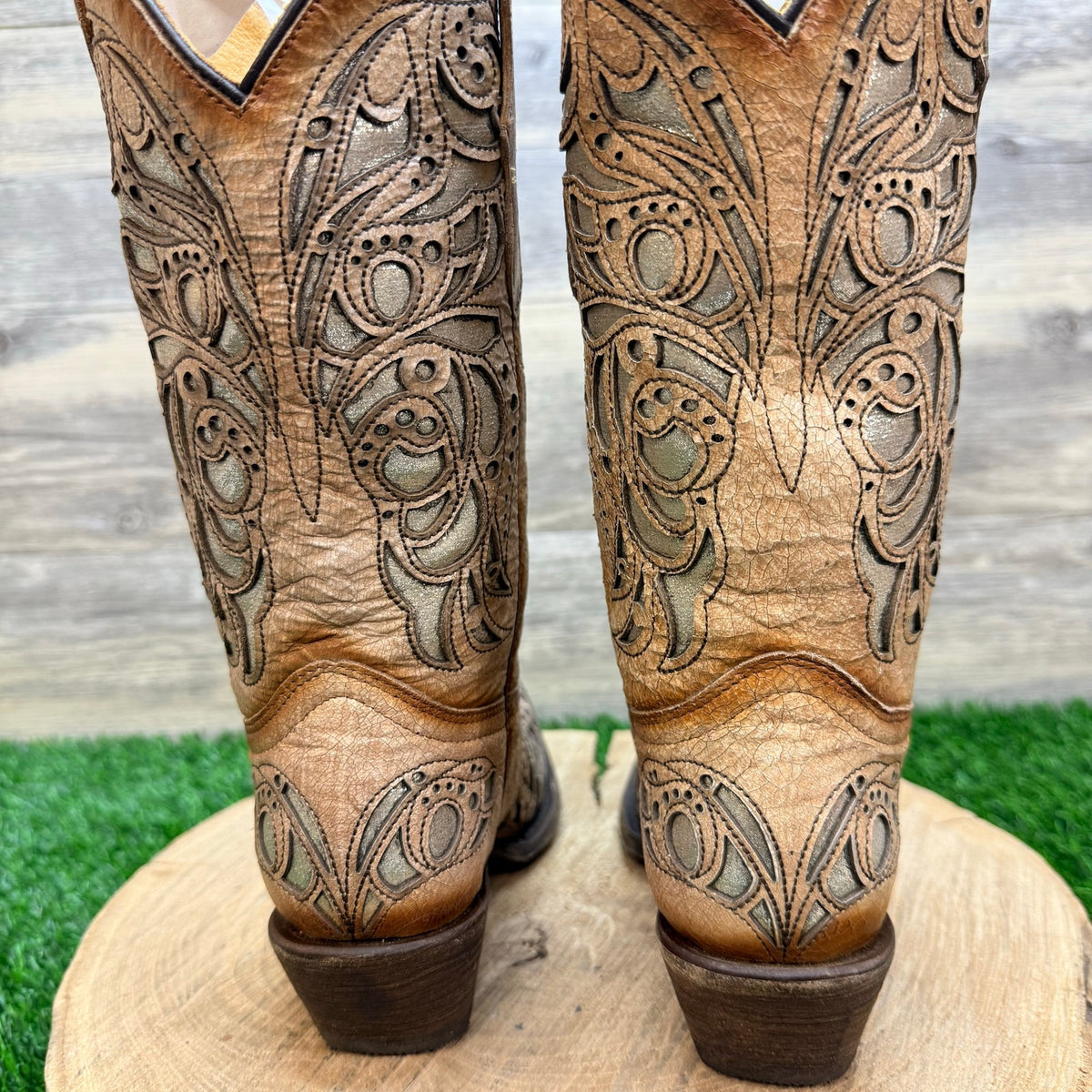 Corral Teen Youth - Size 5 - Beige / Gold Inlay Western Cowboy Boots 0080