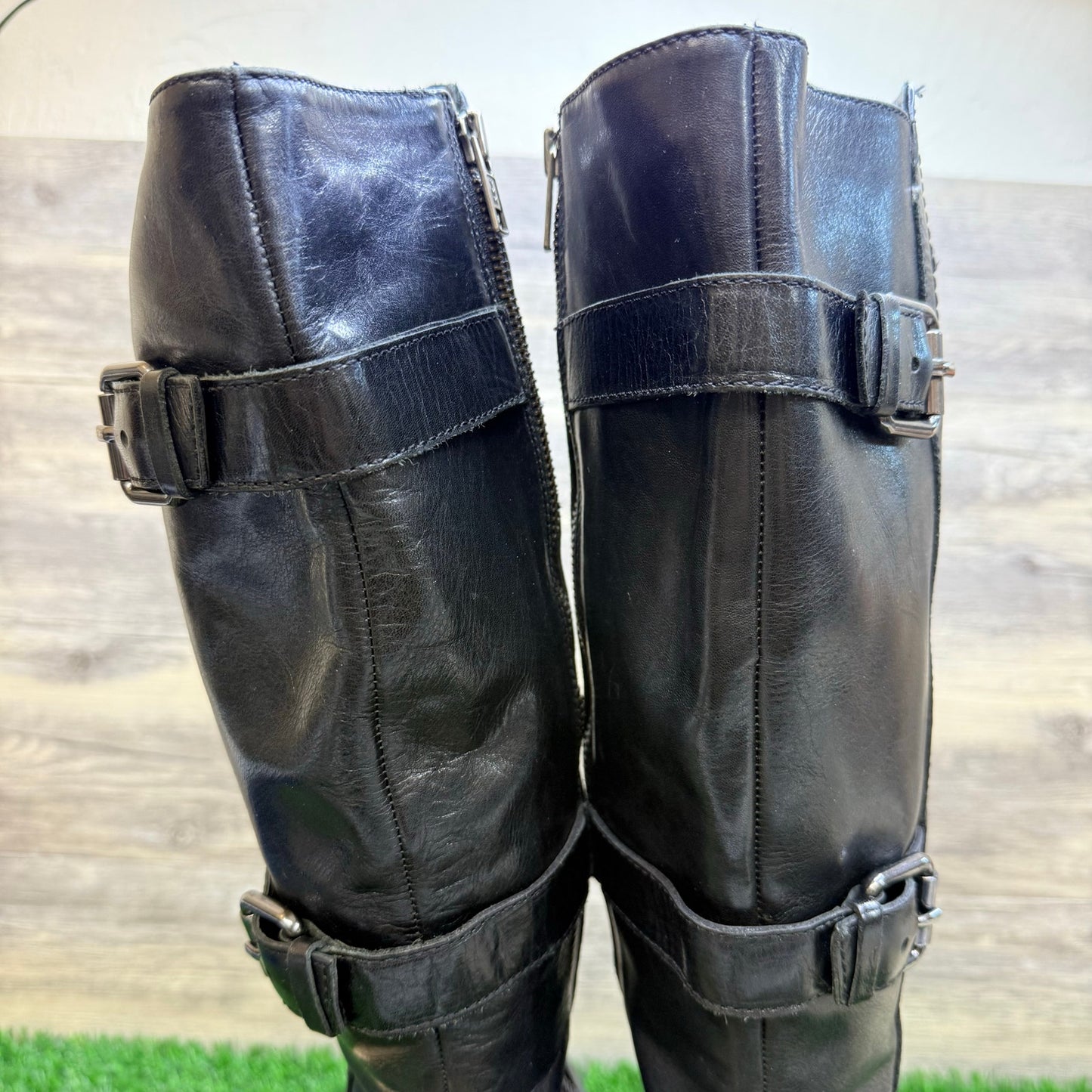 Juicy Couture Women - Size 8.5M - Black Tall Belted Zipper Moto Boots