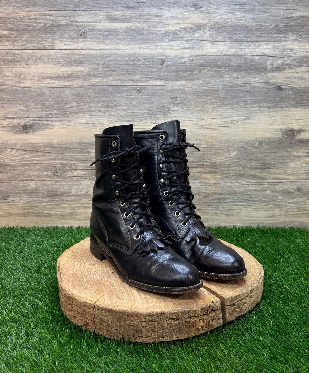Justin Women - Size 7.5B - Vintage Black Lace Up Cowboy Boots Style L0506