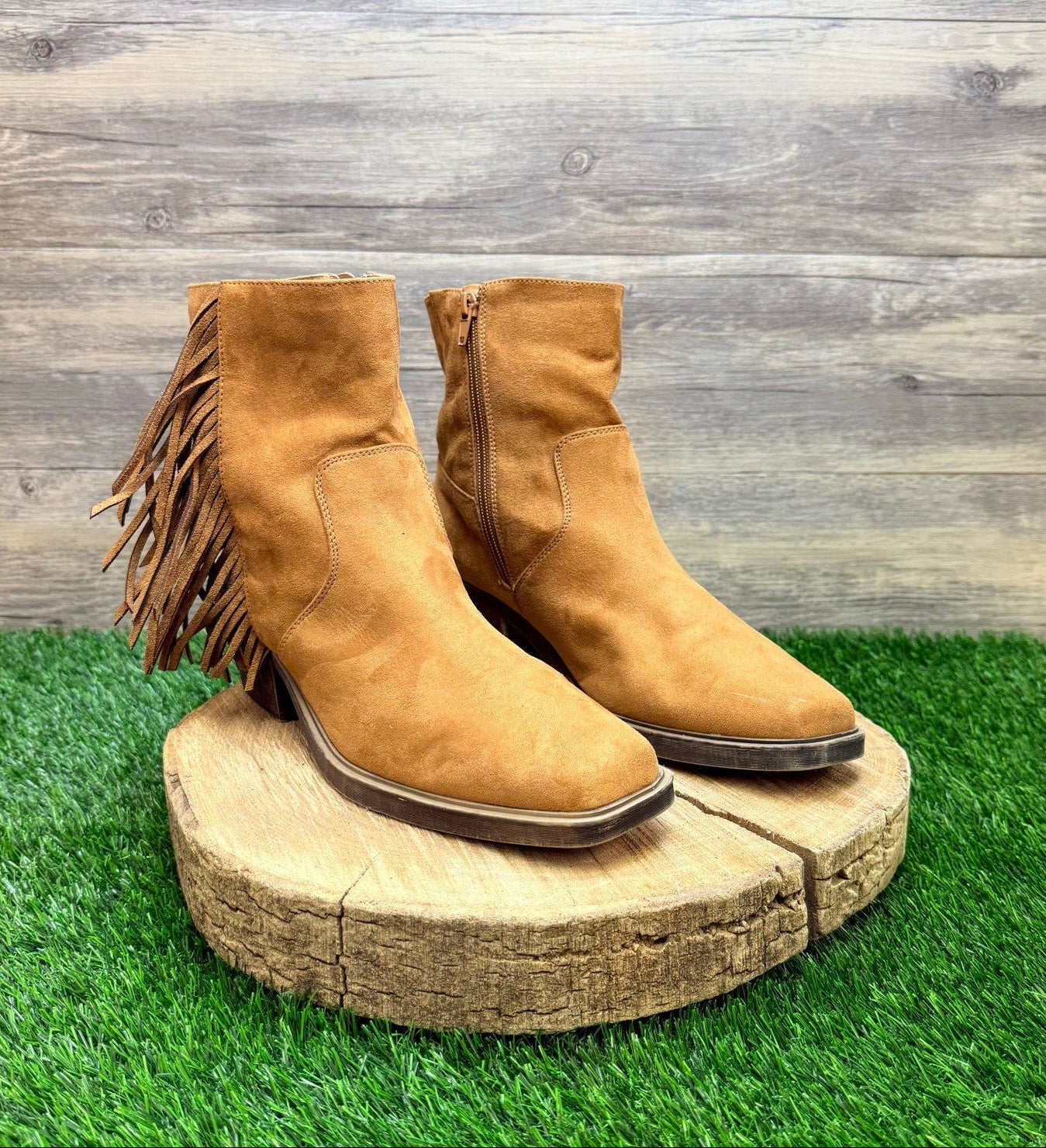 OS Women - Size 9.5M - Cognac Faux Suede Fringe Ankle Boots 73277